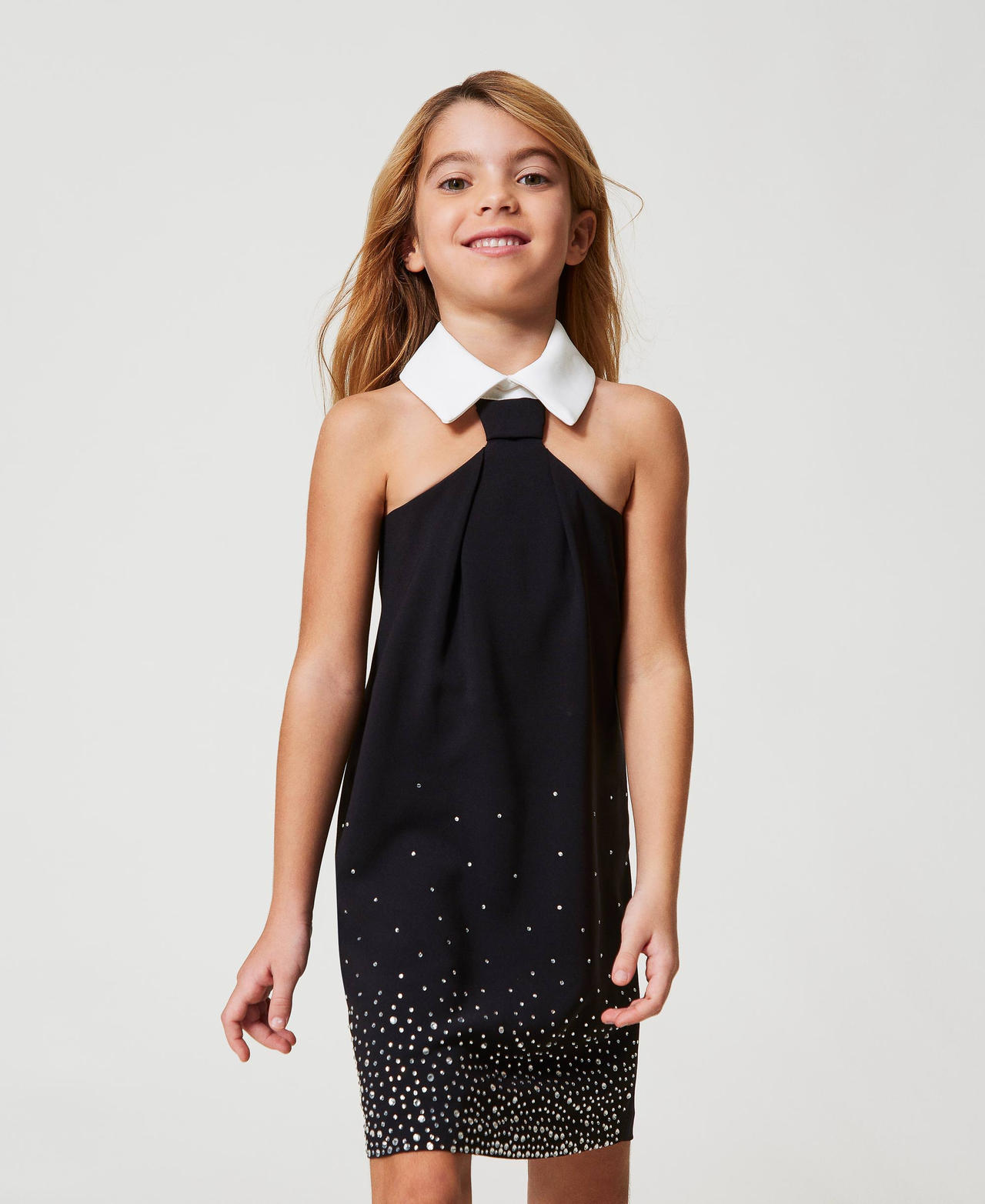 Twinset Robes - Robe courte en crêpe avec strass, Bicolore Noir / Blanc Glace, Taille: 10A