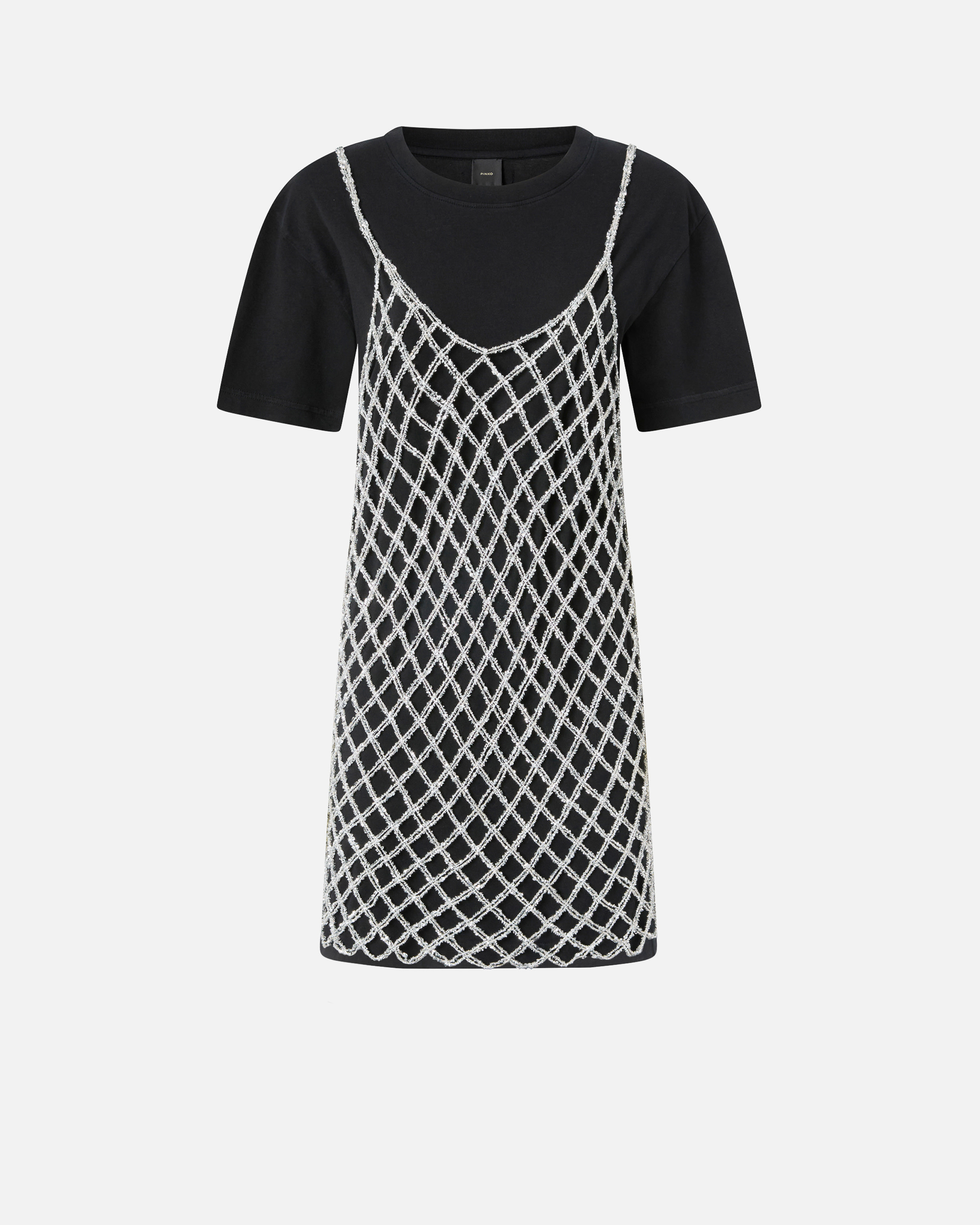 Pinko, Robe t-shirt courte avec combinette à paillettes, Noir limousine, XS