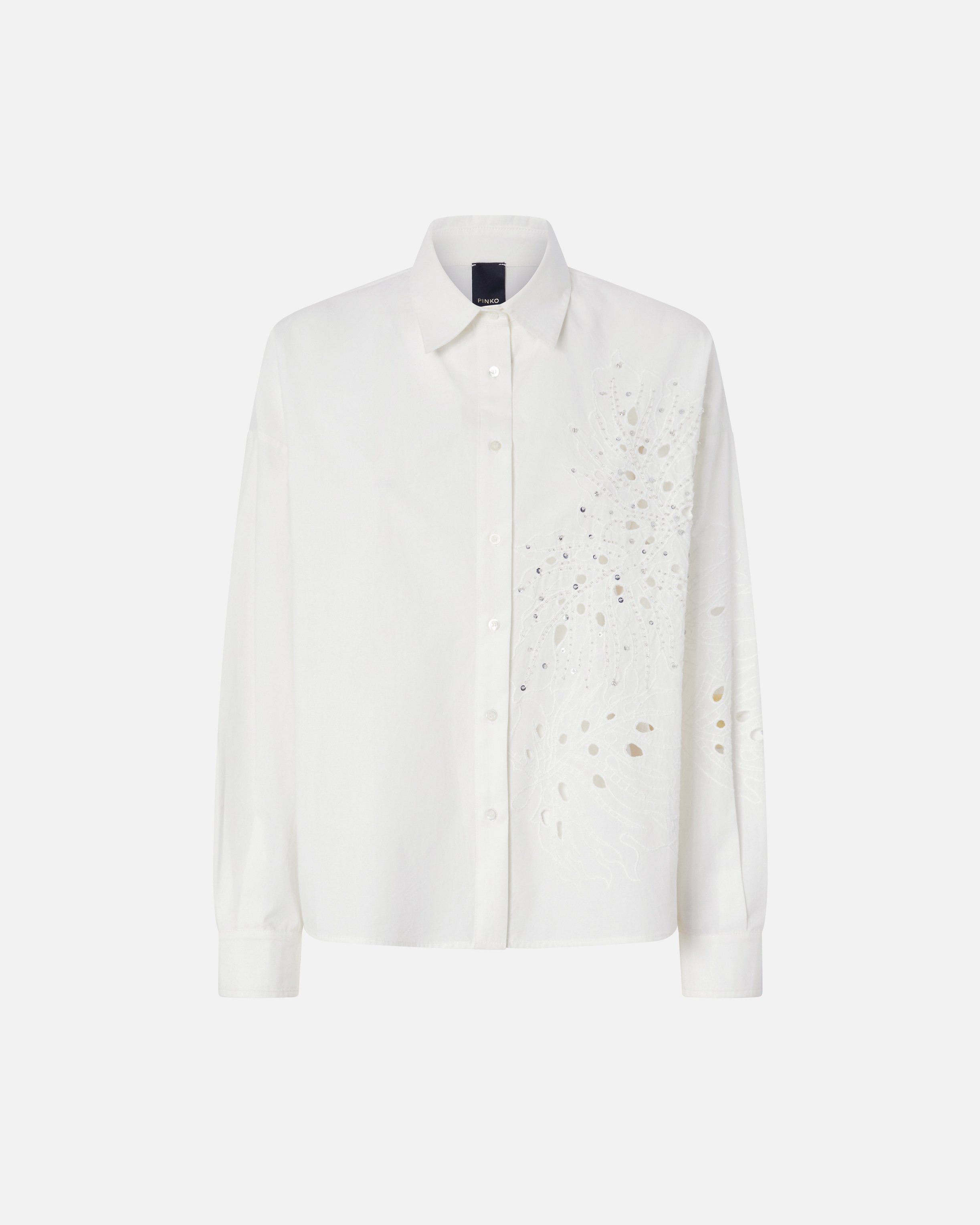 Pinko, Chemise avec broderie anglaise et cristaux, Blanc-blanche-neige, S