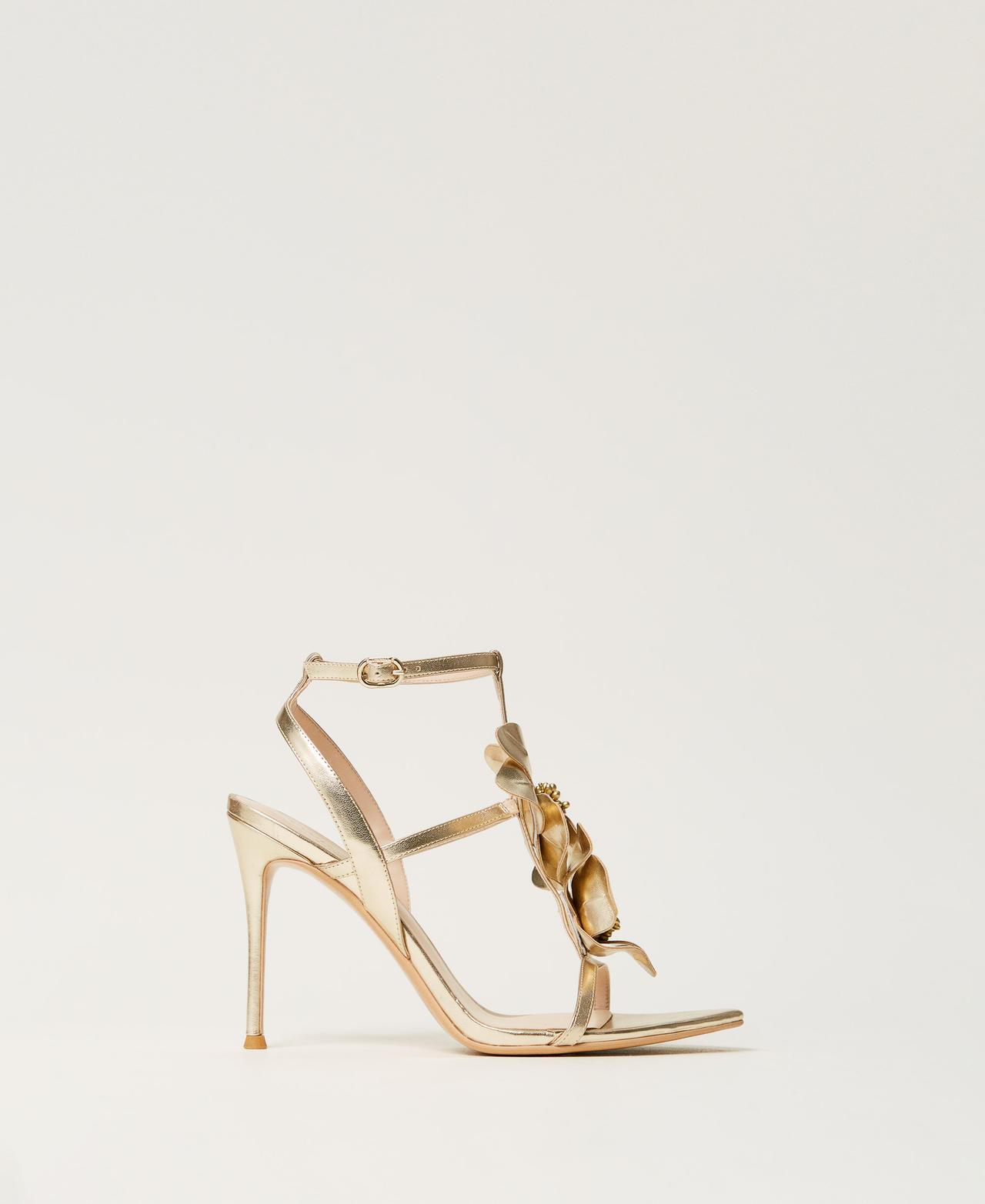 Twinset Chaussures - Sandales à talons avec fleurs, Platine, Cuir, Taille: 38