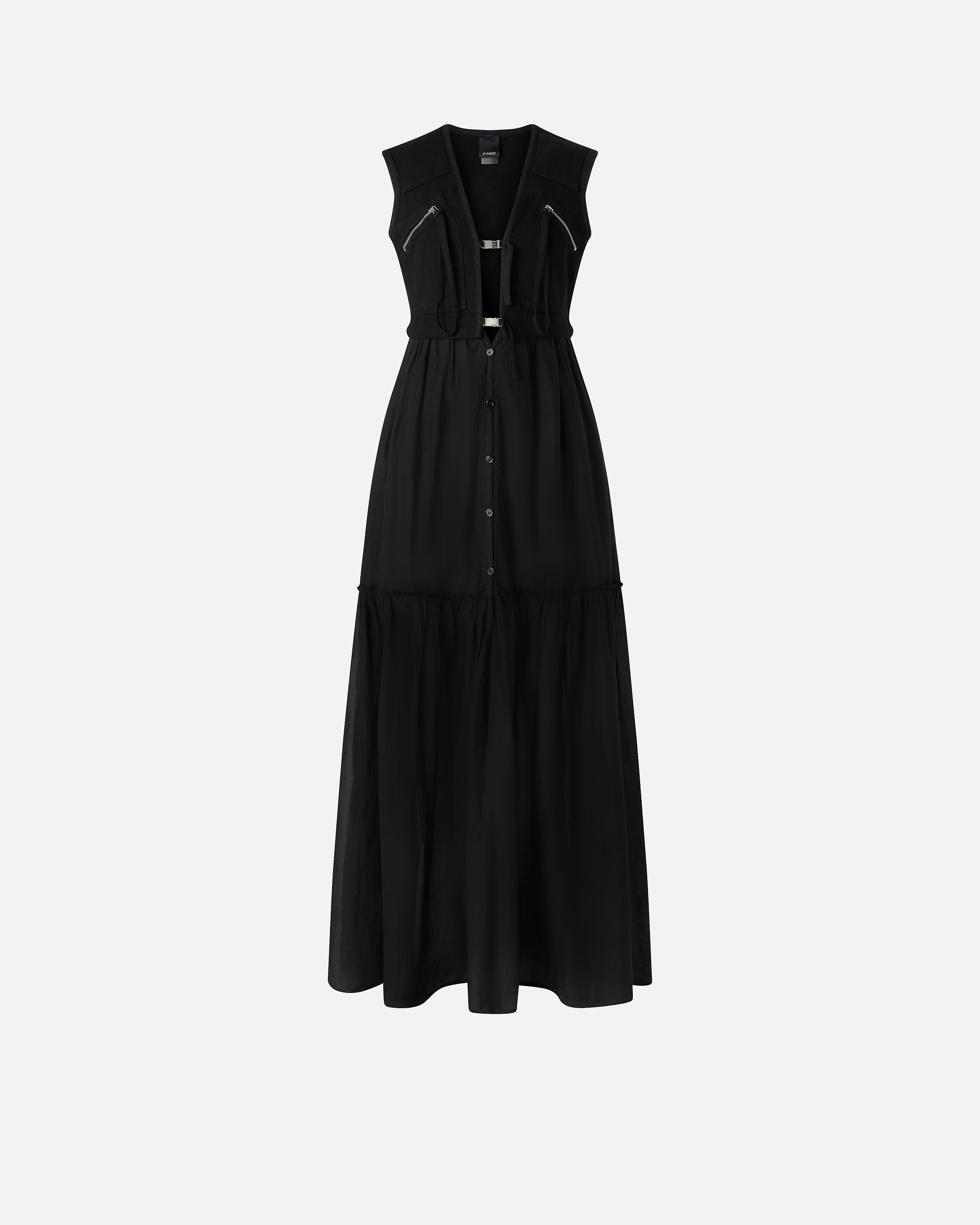 Pinko, Robe longue en coton avec gilet sans manches utilitaire, Noir limousine, 36