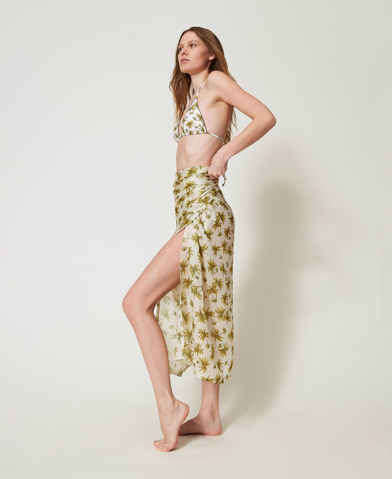 Twinset Plage - Paréo avec lurex et imprimé, Imprimé Palmiers Nacre/Olive Leaf, À fleurs, Taille Unique