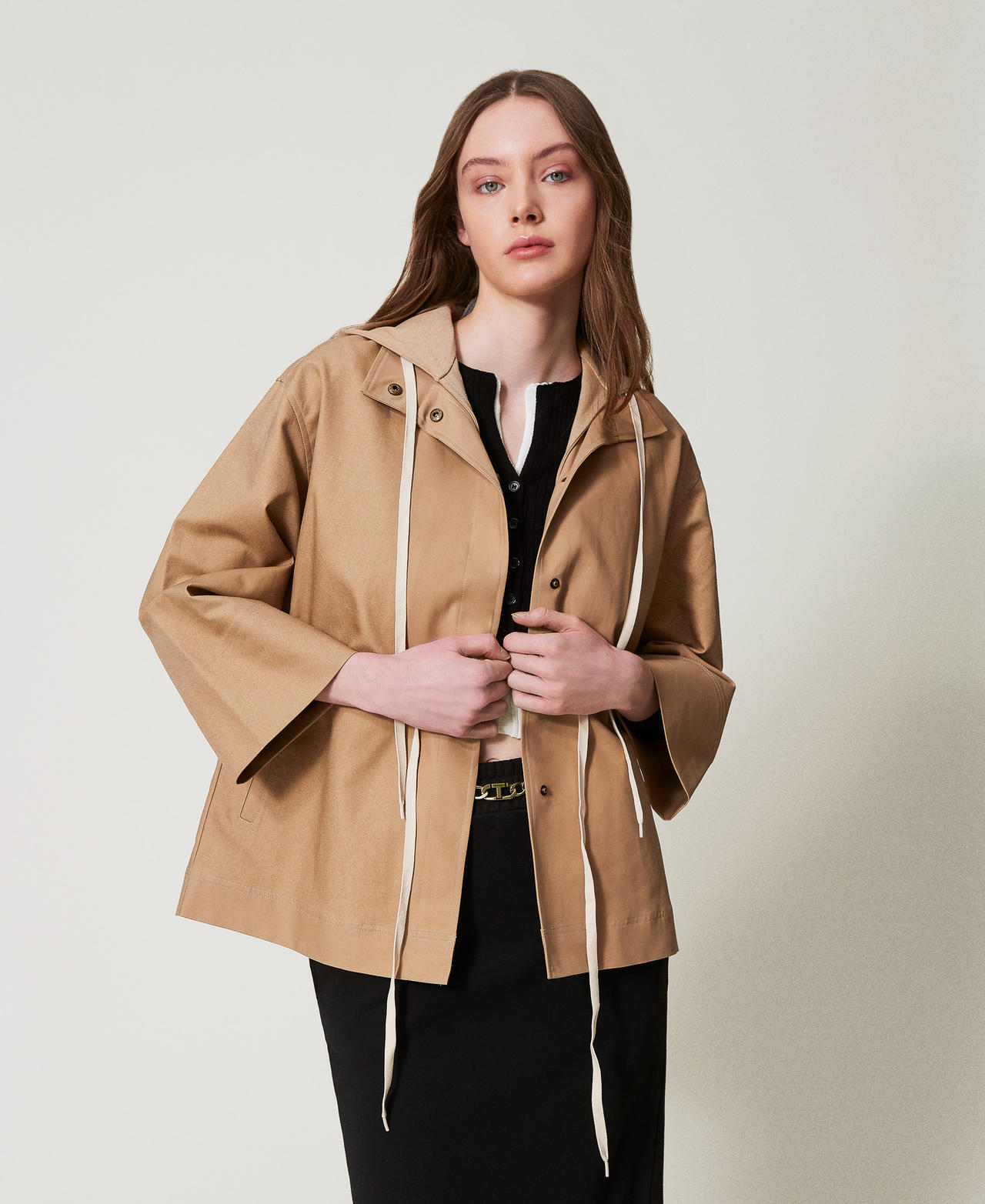 Twinset Blousons et manteaux - Blouson caban avec capuche et cordon de serrage, Beige « Rope », Coton, Taille: 44