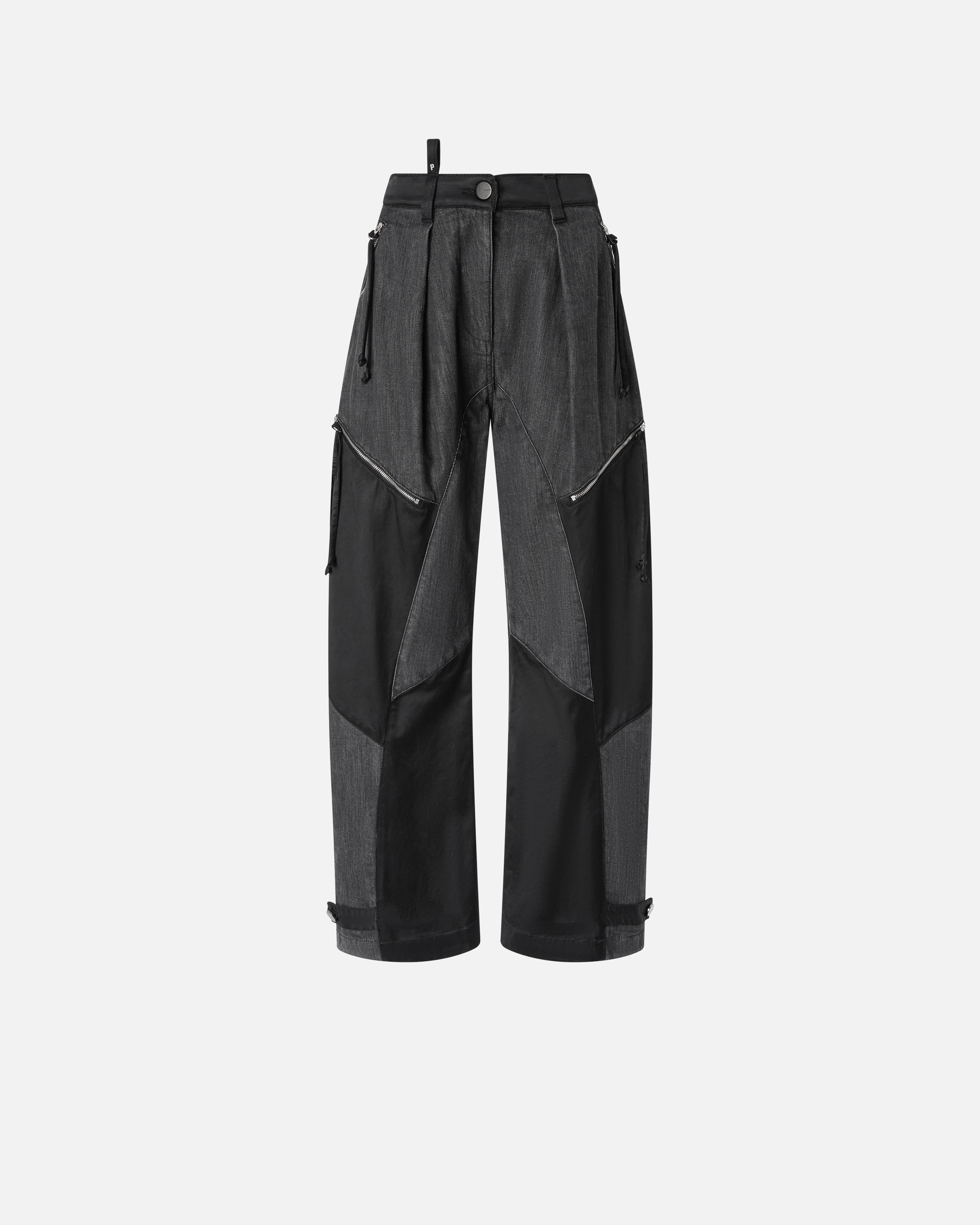 Pinko, Pantalon P-Pants en denim noir et satin avec fermetures zippées, Noir limousine, 36
