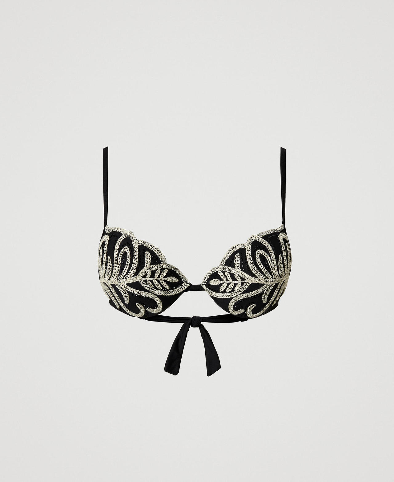 Twinset Plage - Haut de maillot de bain push-up avec broderie et strass, Bicolore Noir / Blanc Nacre, Taille: 5-C