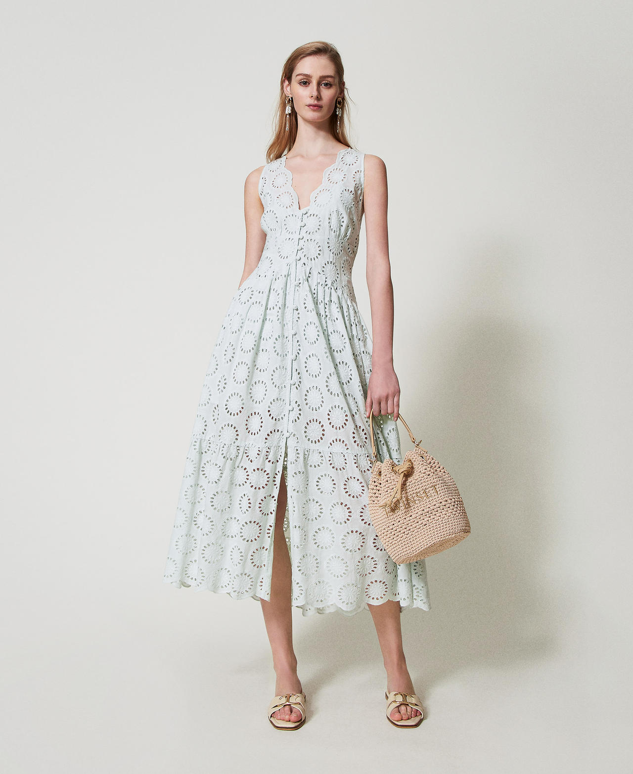 Twinset Robes - Robe longue avec broderie anglaise, Water Green, Coton, Taille: 42