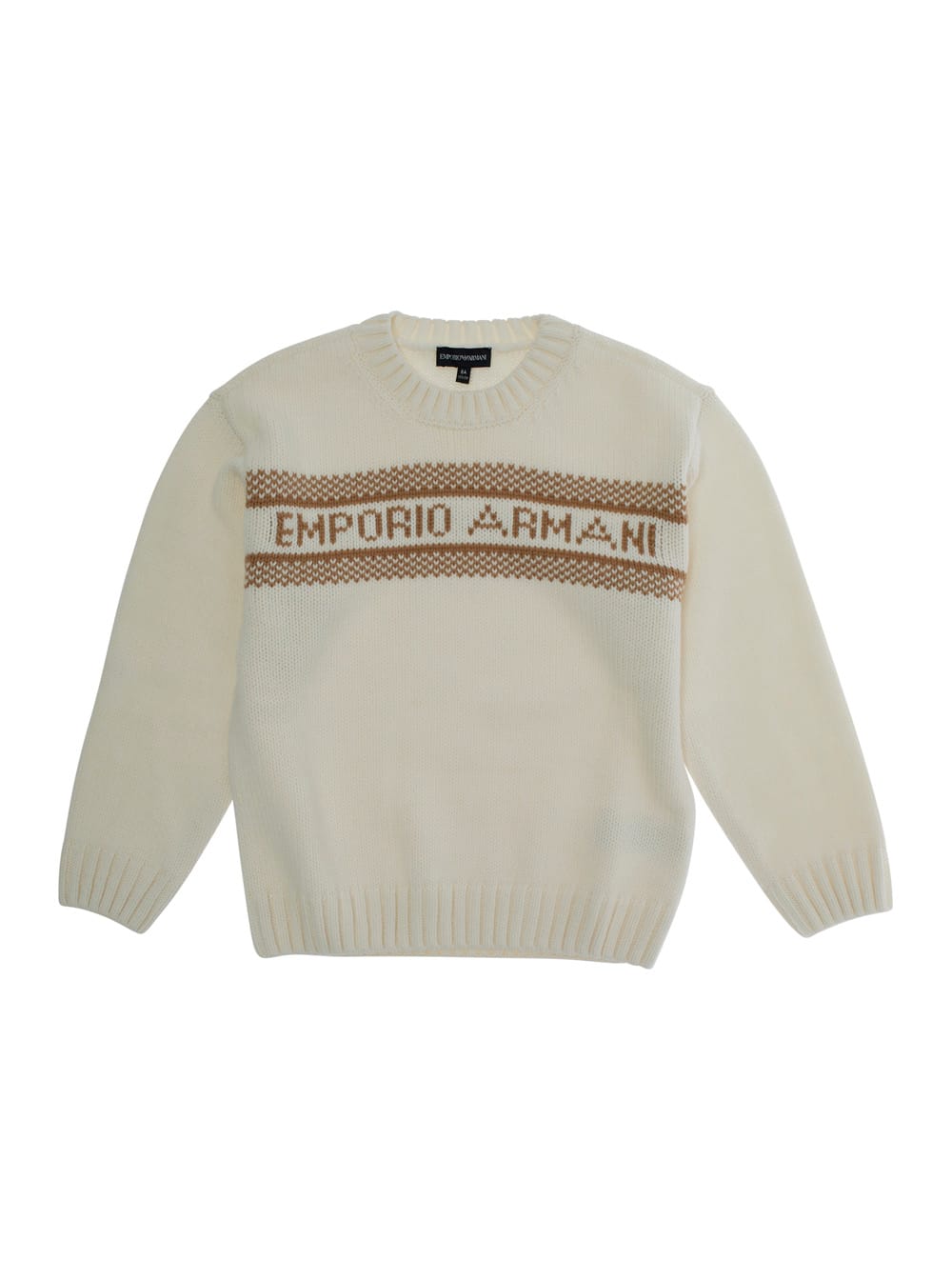 Emporio Armani White Crewneck Sweater With Maxi Logo Lettering On The Front And Ribbed Trims In Wool Blend Boy