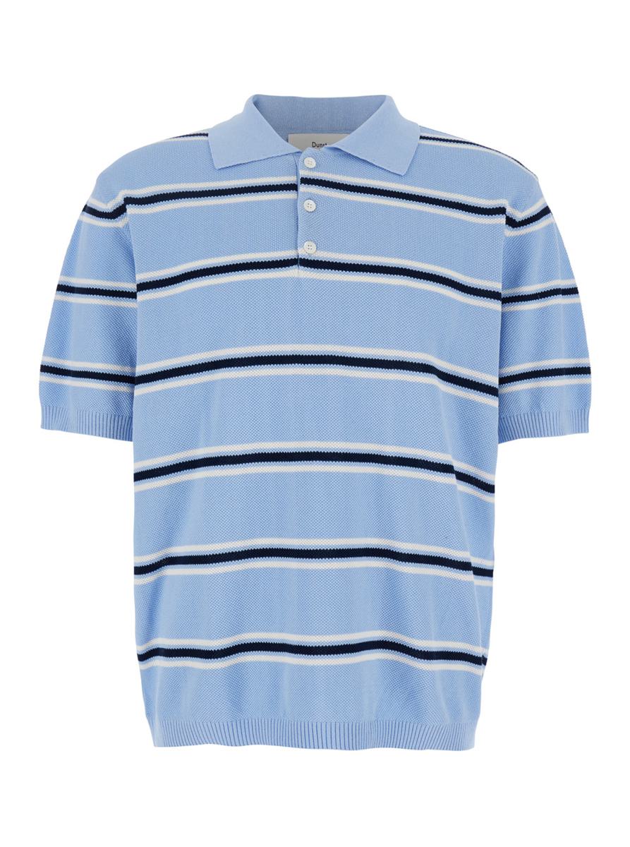 Light Blue Polo Shirt With All-Over Striped Motif And Ribbed Edges In Cotton Piquet Man