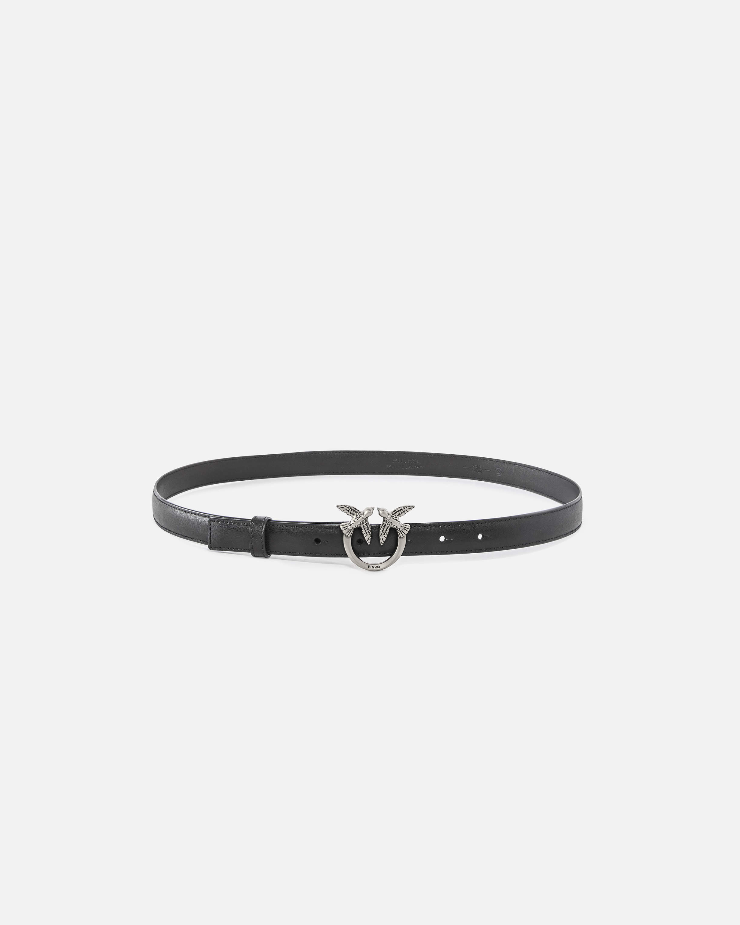 Pinko, Fine ceinture Love Birds en cuir 2cm, Noir-vieil argent, XXS
