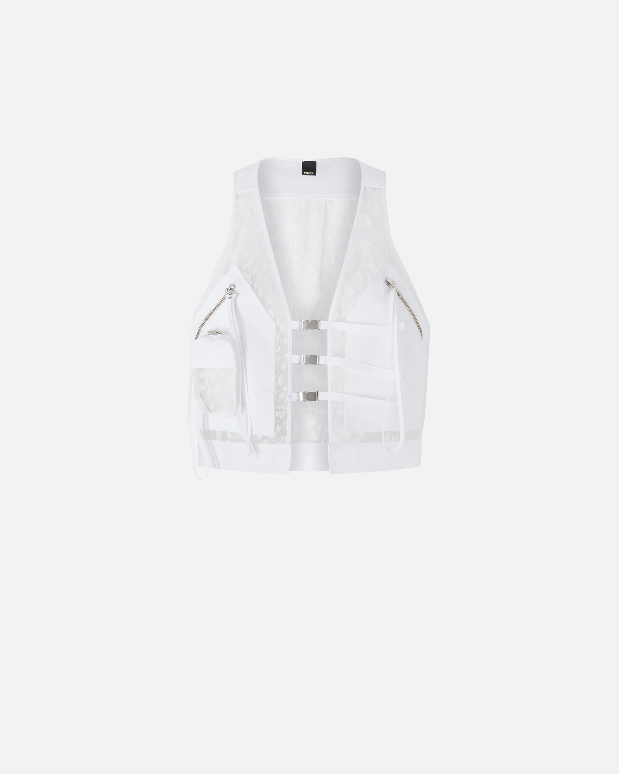 Pinko, Gilet multipoche en organza léger imprimé, Blanc brill., 36
