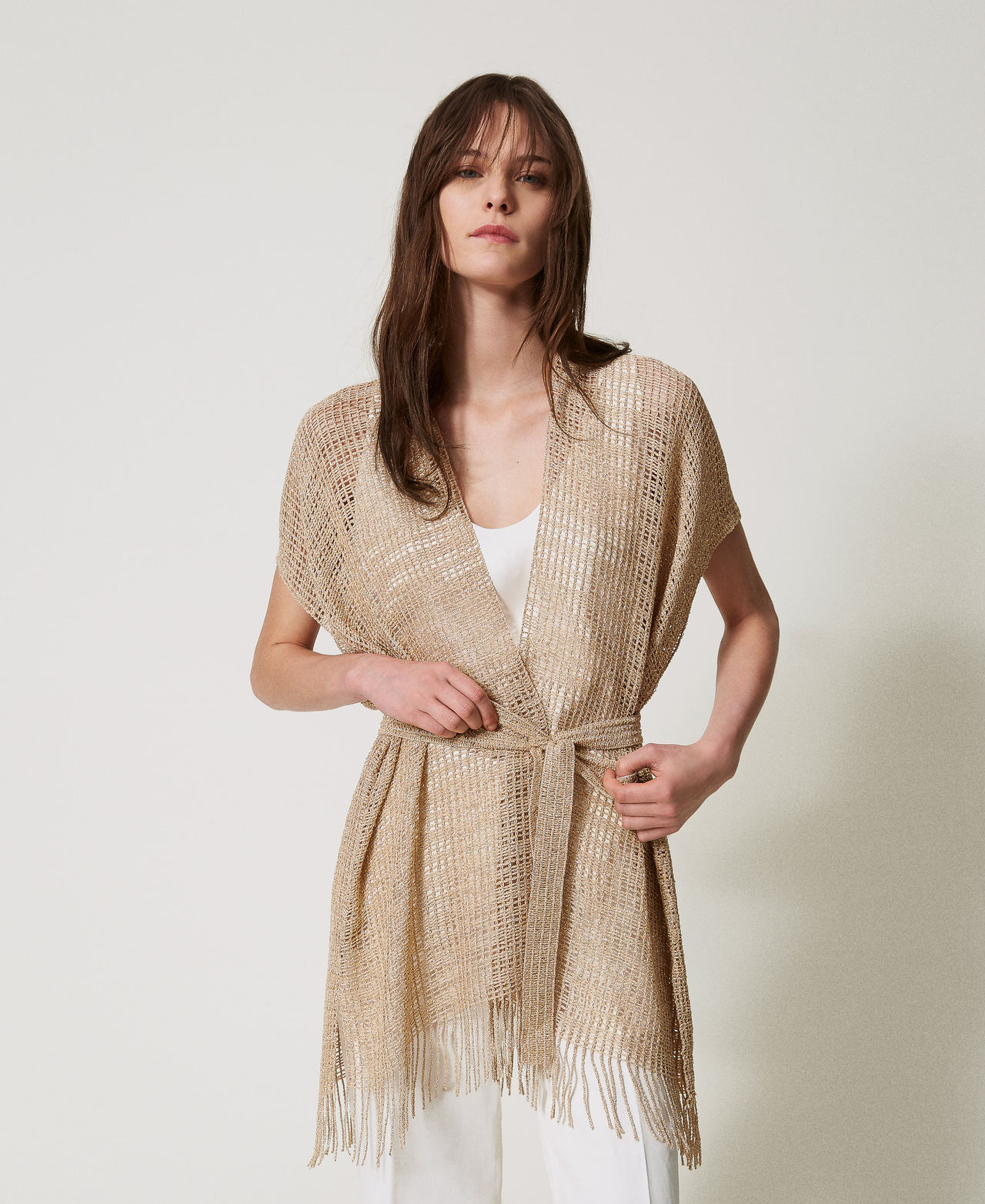 Twinset Cardigans - Caftan court en filet et lurex avec franges, Beige « Ginger Root » Clair, Taille Unique