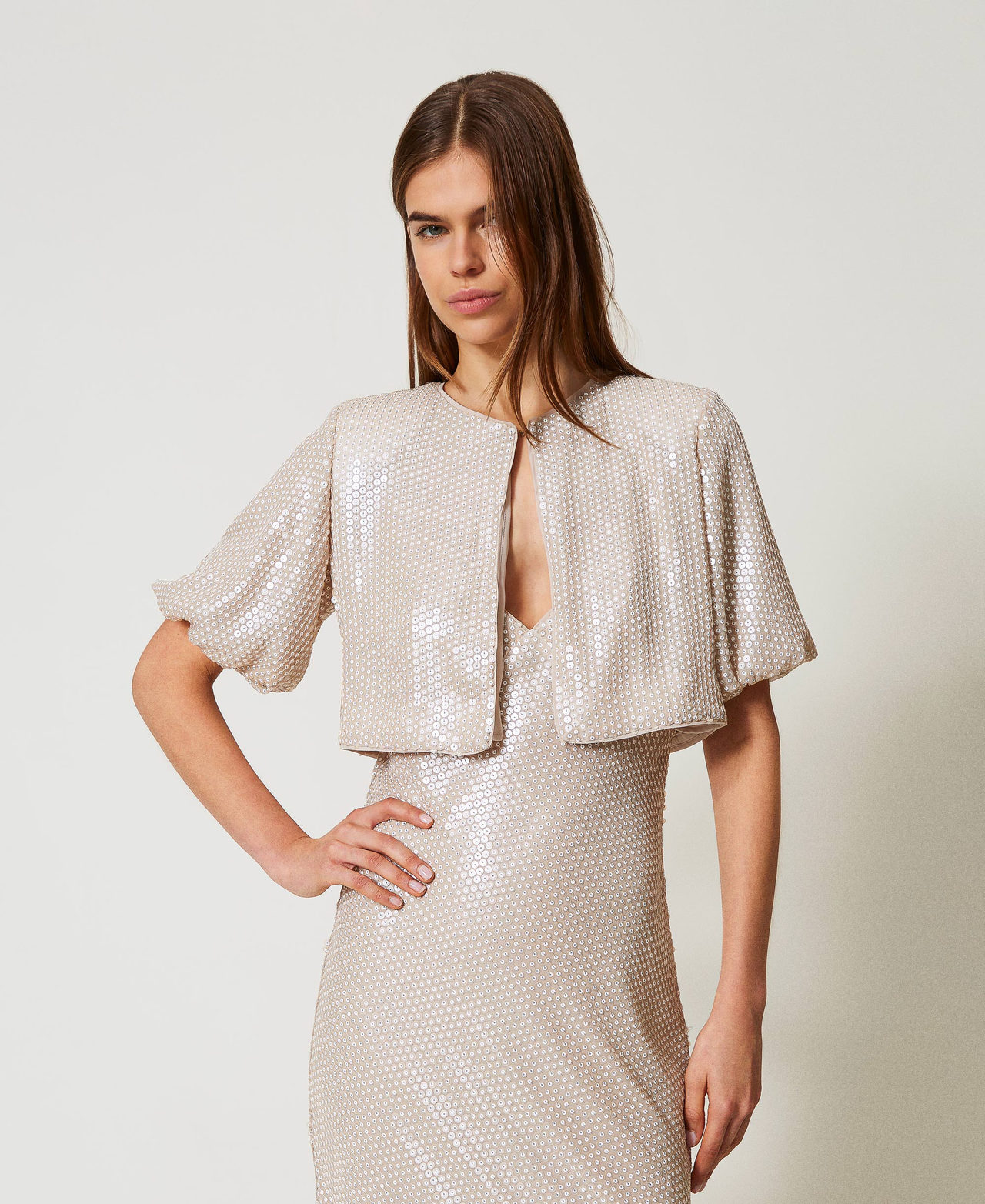 Twinset Blousons et manteaux - Boléro avec sequins brodés, Broderie Sequins Beige « Rope », Paillettes, Taille: 38