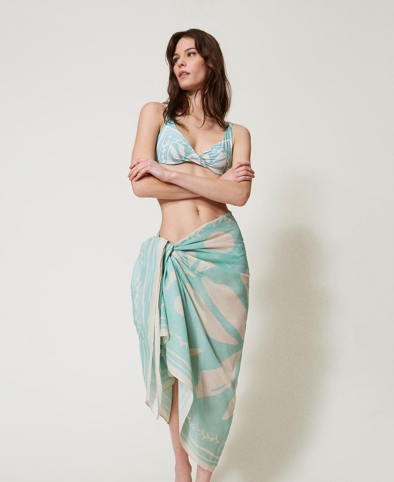 Twinset Plage - Paréo avec imprimé palmiers, Imprimé Foulard Green Marine/Almond Beige, Coton, Taille Unique