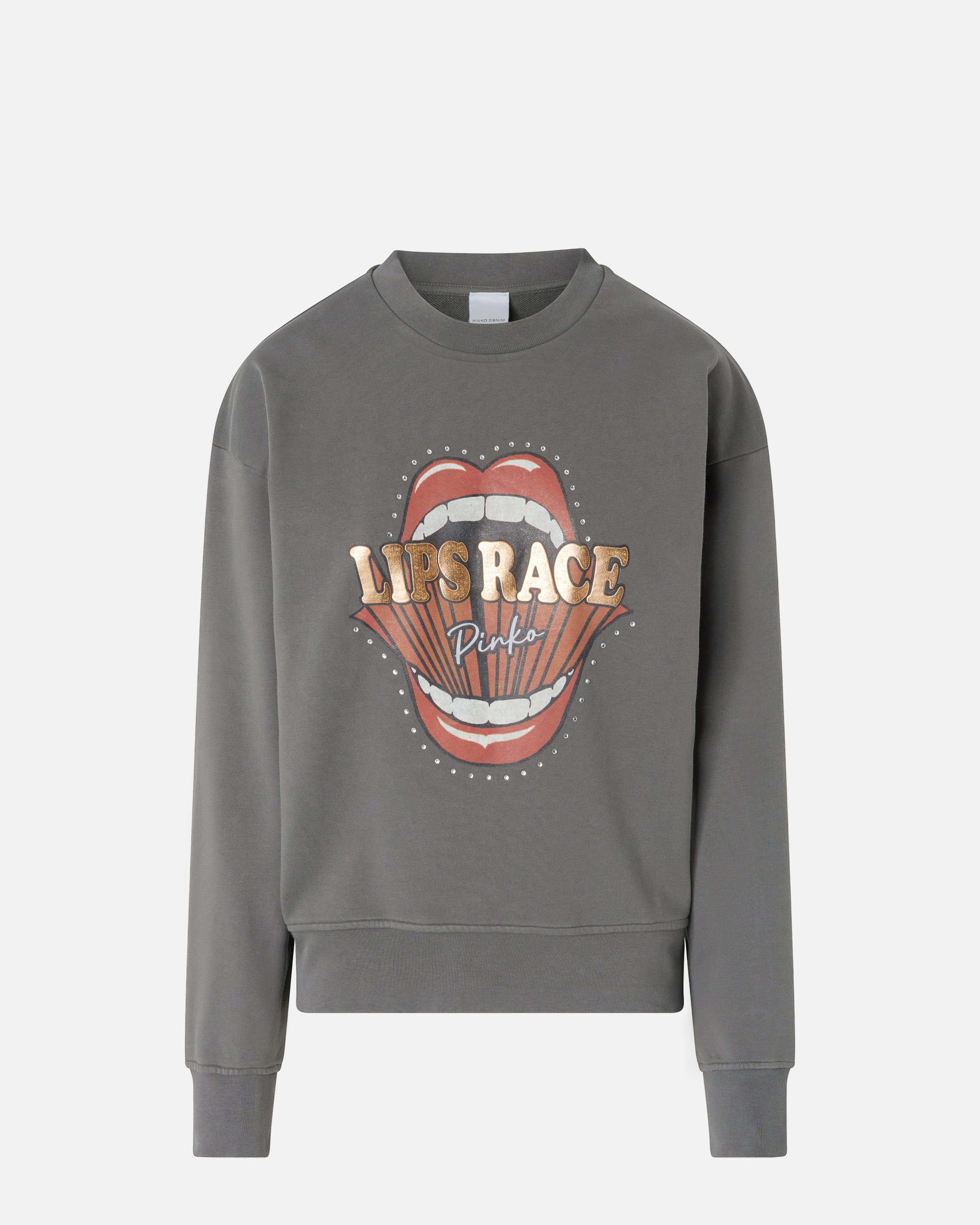Pinko, Sweat-shirt à col rond avec imprimé bouche Lips Race, Gris-mouette foncé, XS
