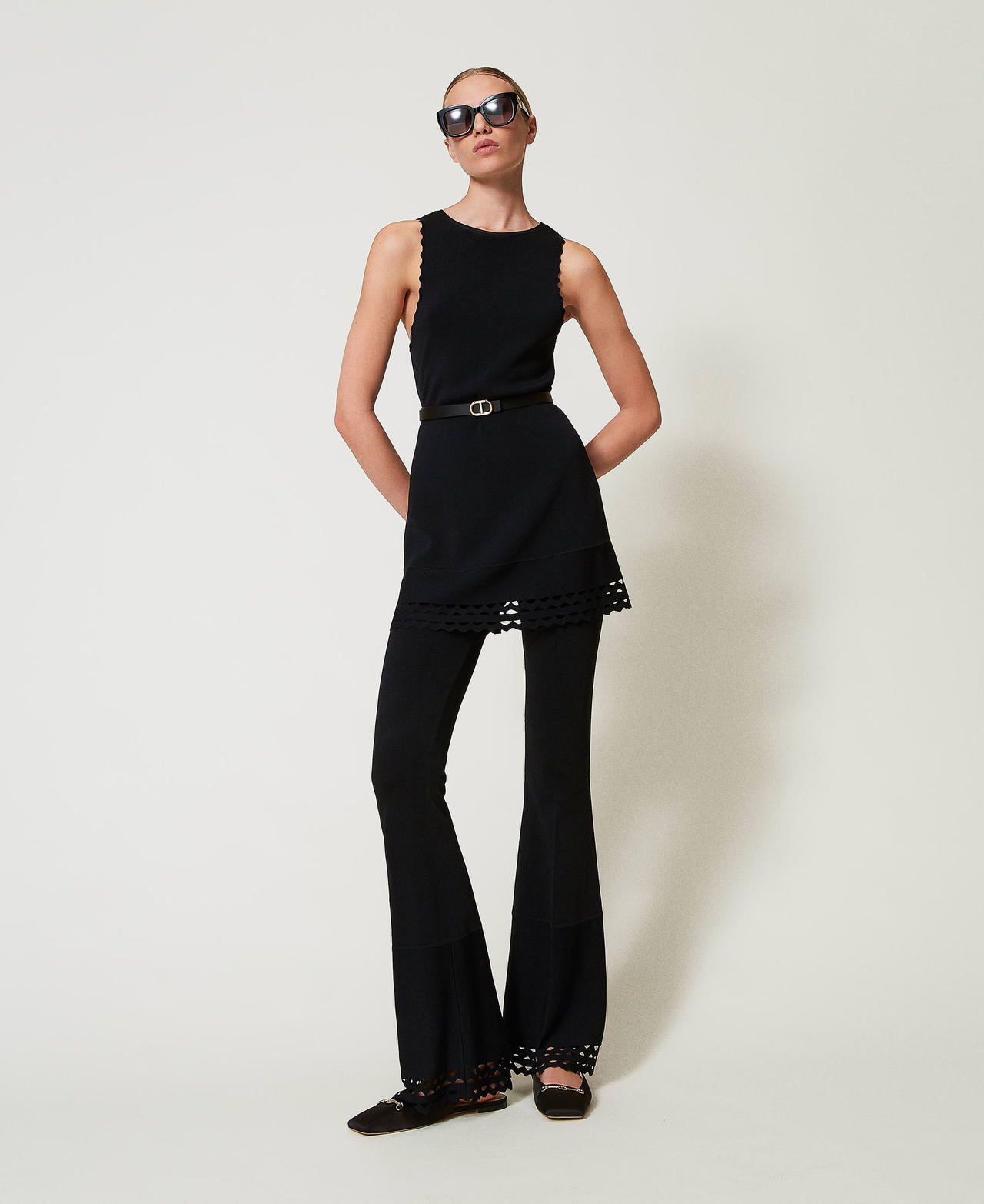 Twinset Pantalons - Pantalon évasé avec motif géométrique, Noir, Taille: M