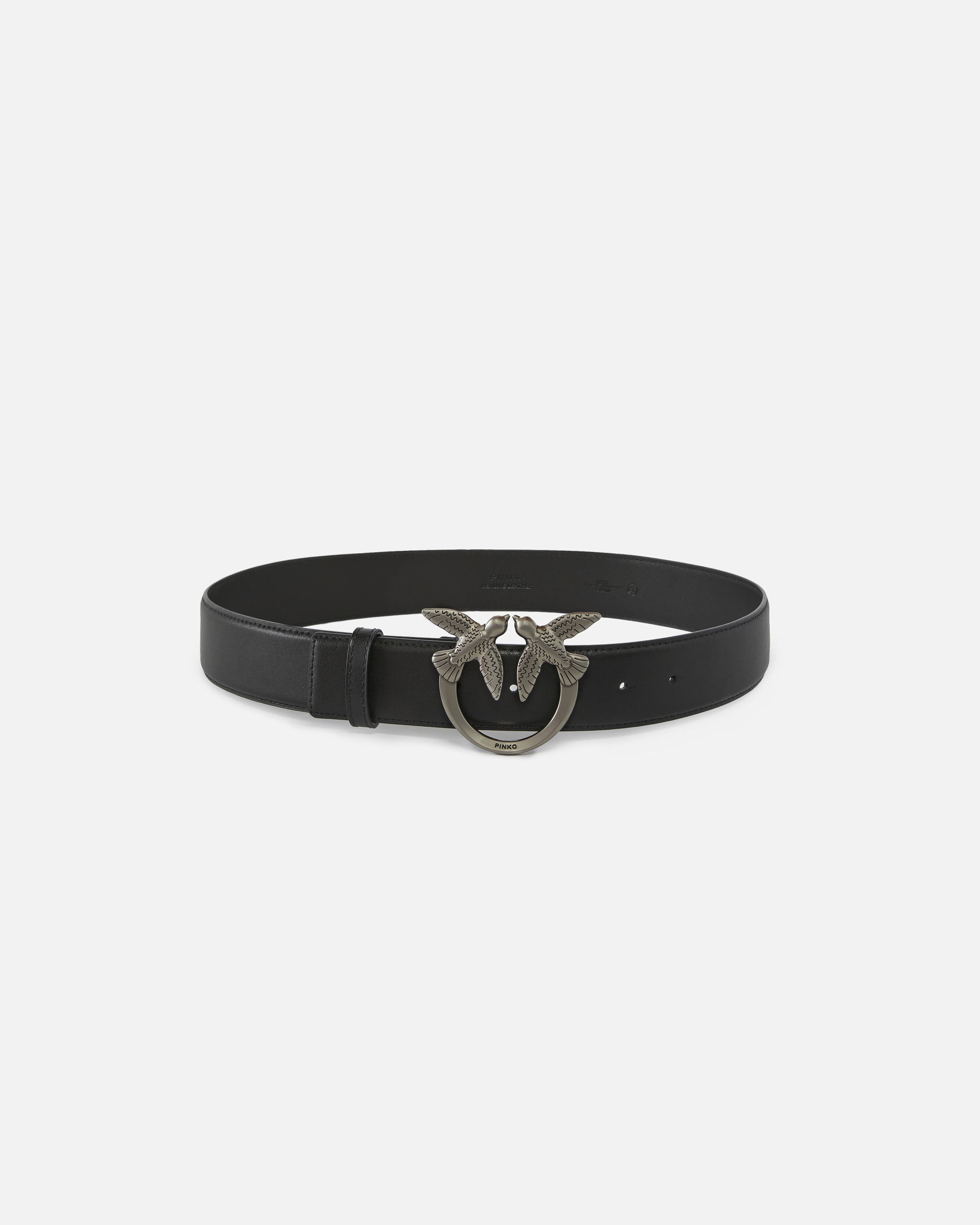 Pinko, Ceinture large Love Birds en cuir 4cm, Noir-vieil argent, M