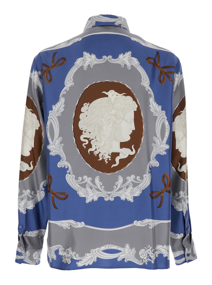 Blue Shirt With Maxi Medusa Print On The Back And Baroque Pattern In Silk Man