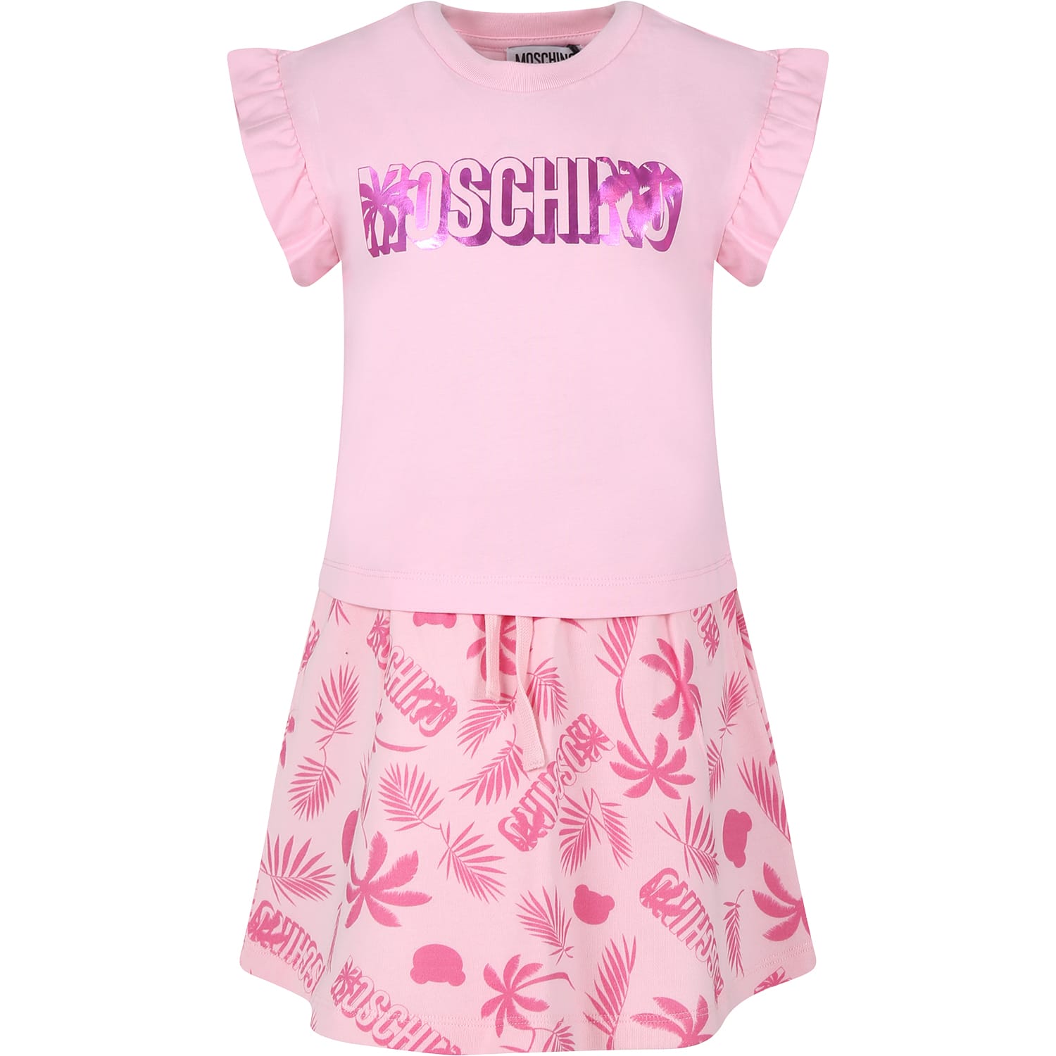 Moschino Pink Suit For Girl With Teddy Bear And Logo