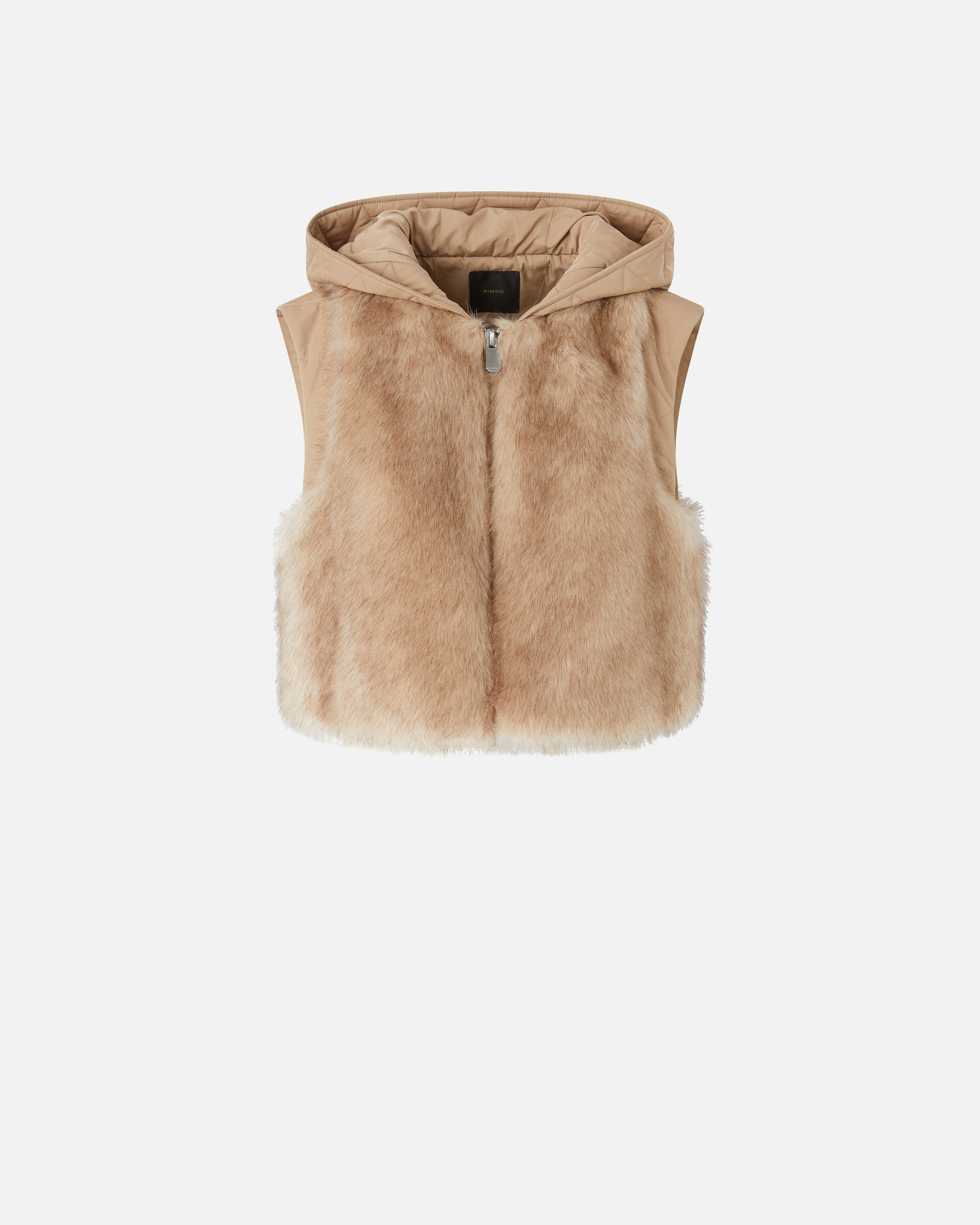Pinko, Padded faux fur gilet with hood, Beige-clair de lune, XS