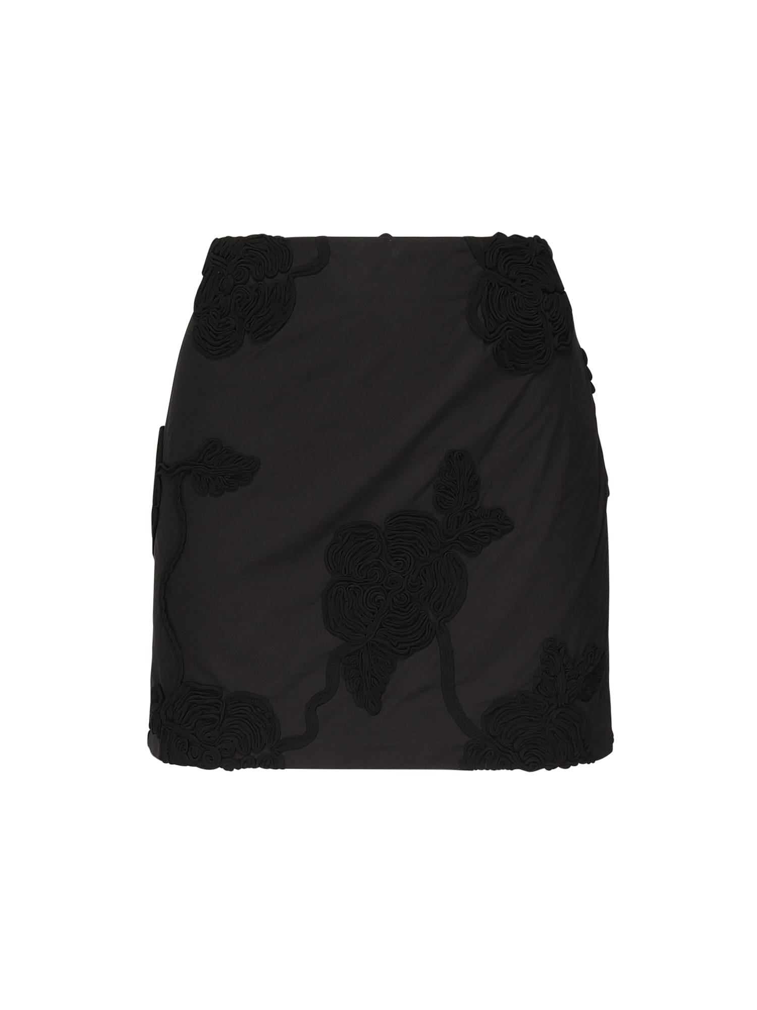 Rotate by Birger Christensen Black Mini Skirt With 3d Floral Details Applied All-over In Cotton Woman