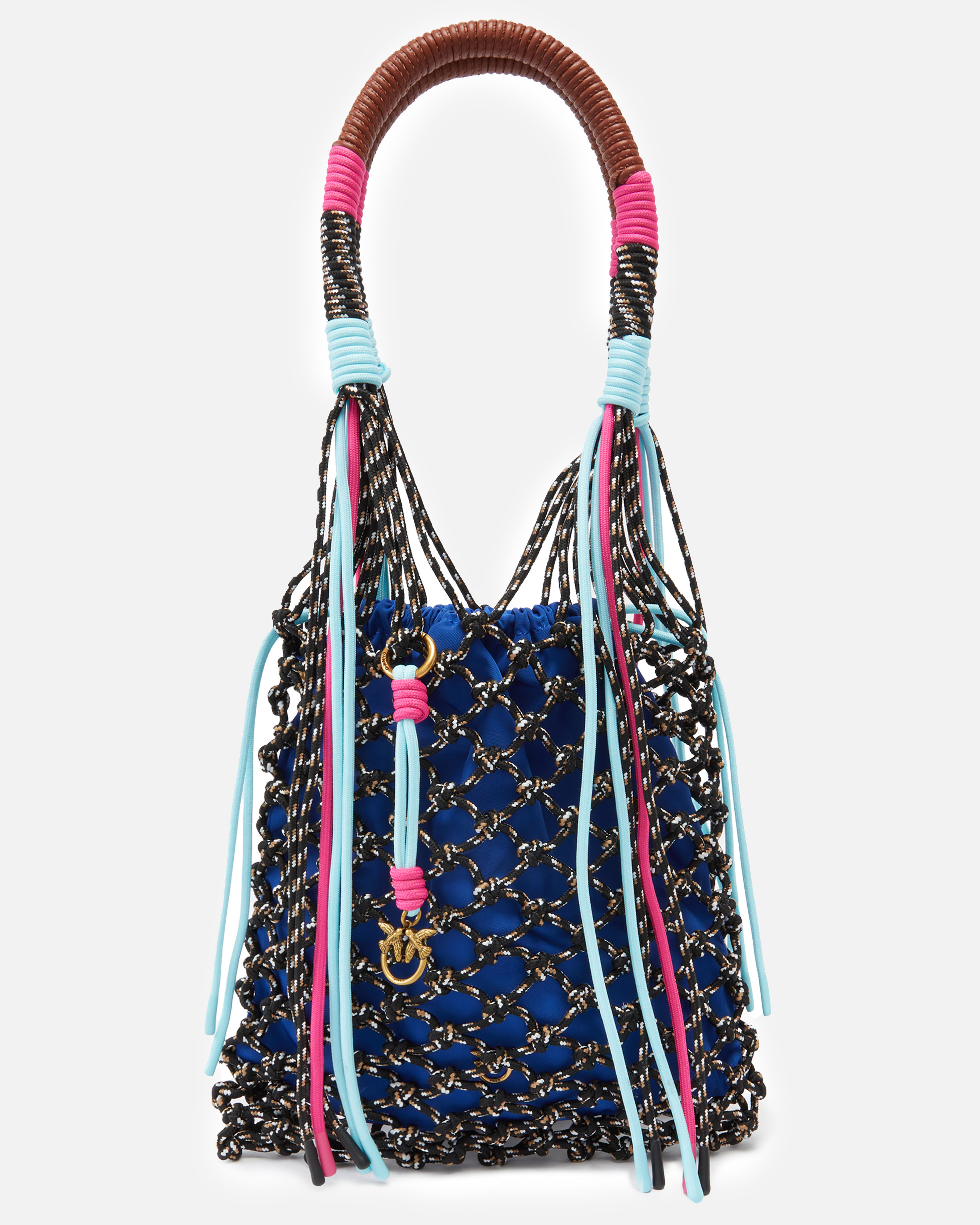 Pinko, Sac filet moyen multicolore avec cordons et breloque logotée, Blanc/noir-or antique, U