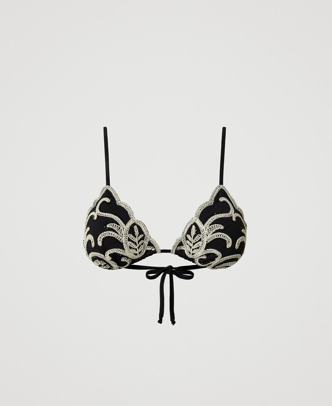 Twinset Plage - Haut de maillot de bain triangle avec broderie et strass, Bicolore Noir / Blanc Nacre, Taille: 5-B