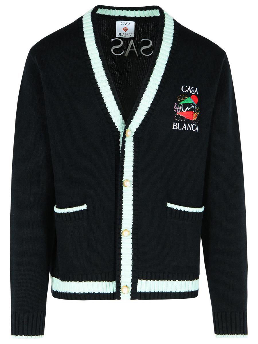 Casablanca 'Mountain Temple' Black Merino Wool Embroidered Cardigan