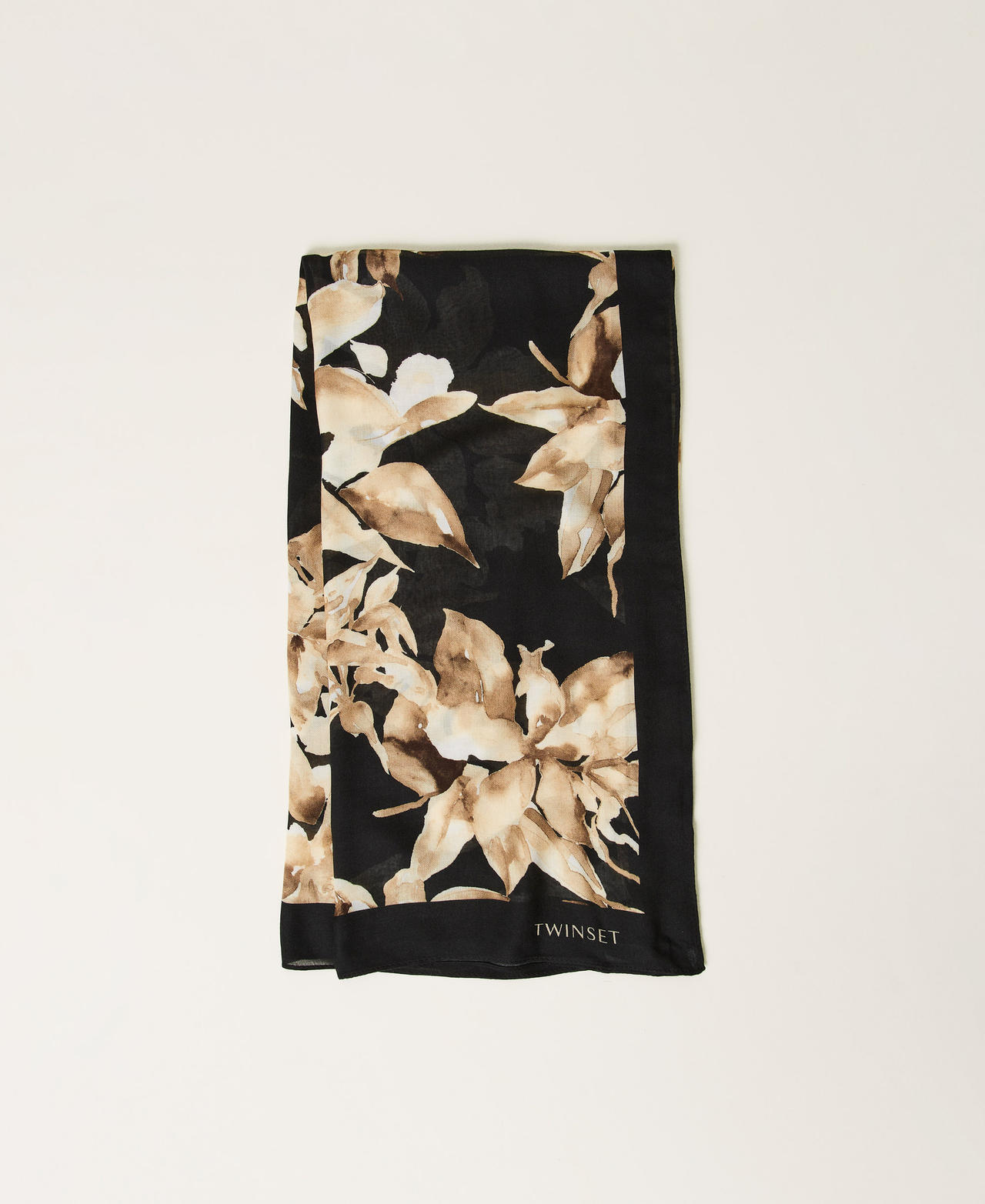 Twinset Plage - Keffieh avec imprimé floral, Imprimé Fleurs Noir/Natural Beige, À fleurs, Taille Unique
