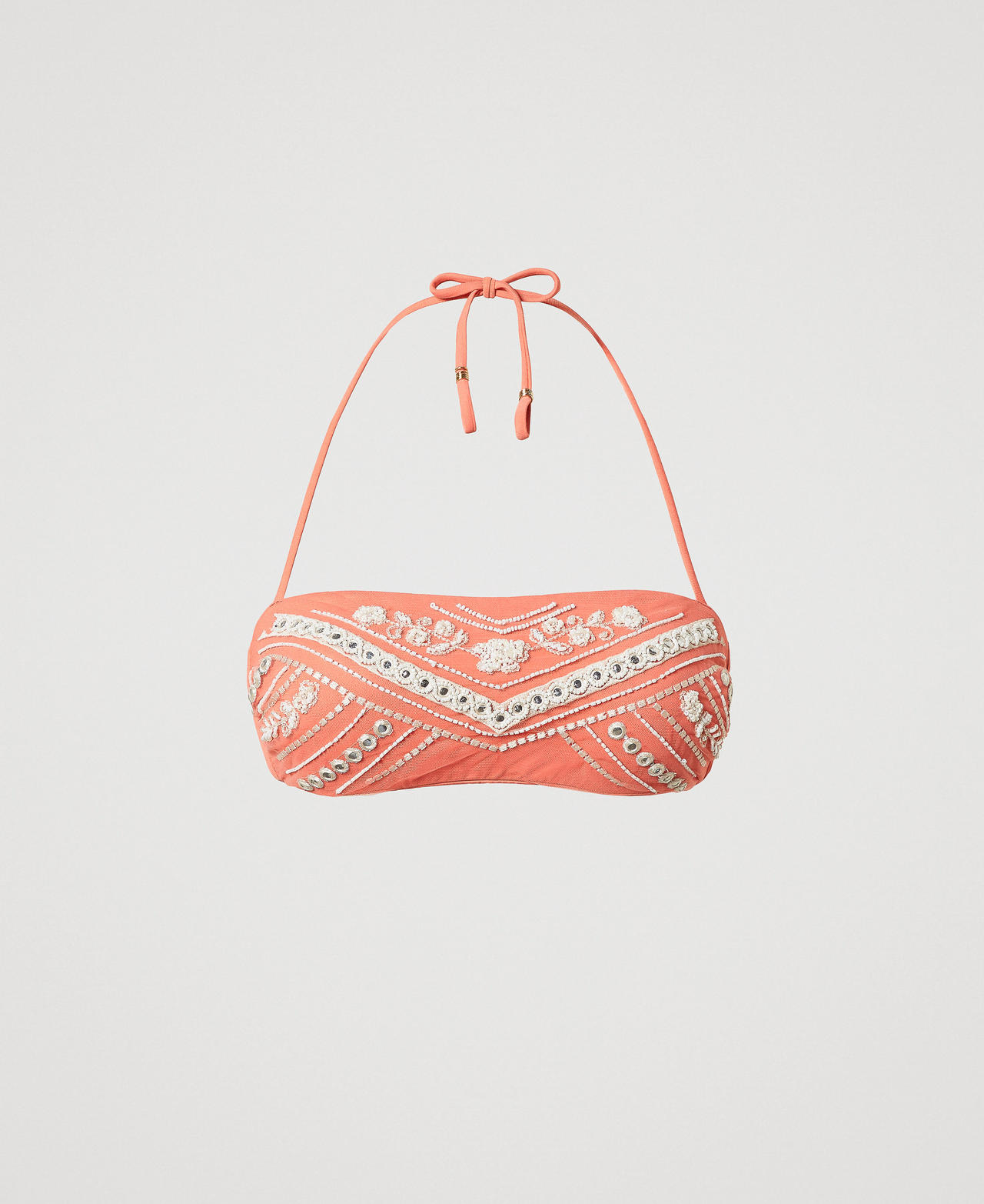Twinset Plage - Haut de maillot de bain bandeau avec broderie, Broderie Coral Sunset/Almond Beige, Taille: 2-B