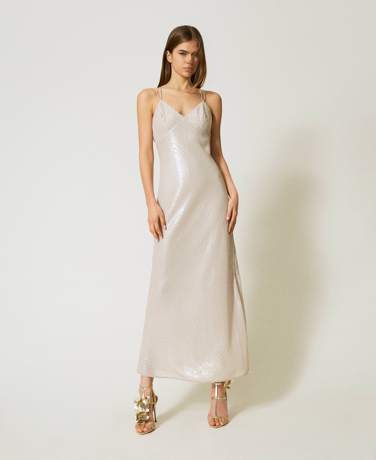 Twinset Robes - Robe longue avec sequins brodés, Broderie Sequins Beige « Rope », Paillettes, Taille: 48