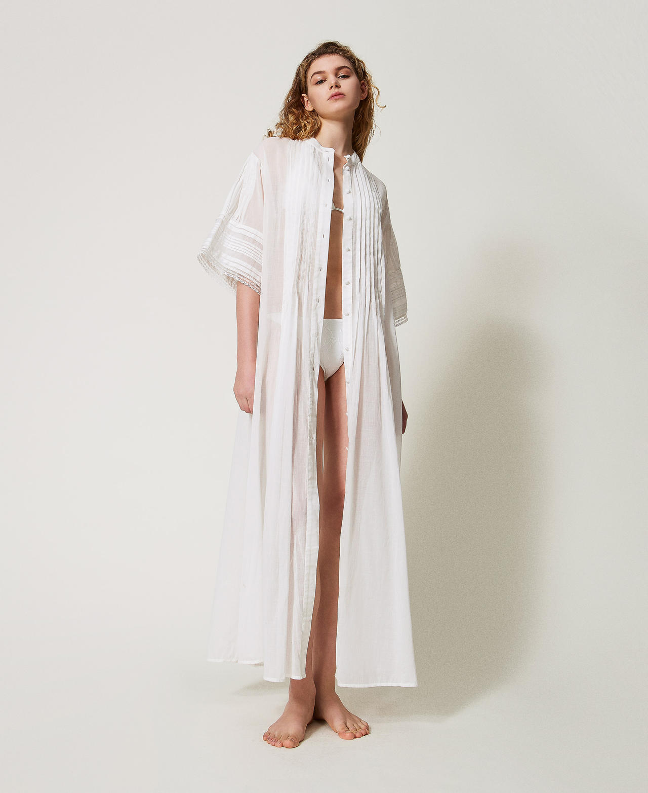 Twinset Plage - Caftan long en mousseline avec dentelle, Blanc Sugar, Taille: L