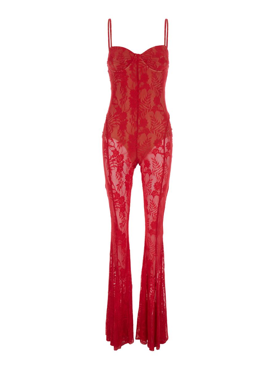 Red Jumpsuit With Sweatheart Neckline And Flared Leg In Tech Fabric Stretch Woman