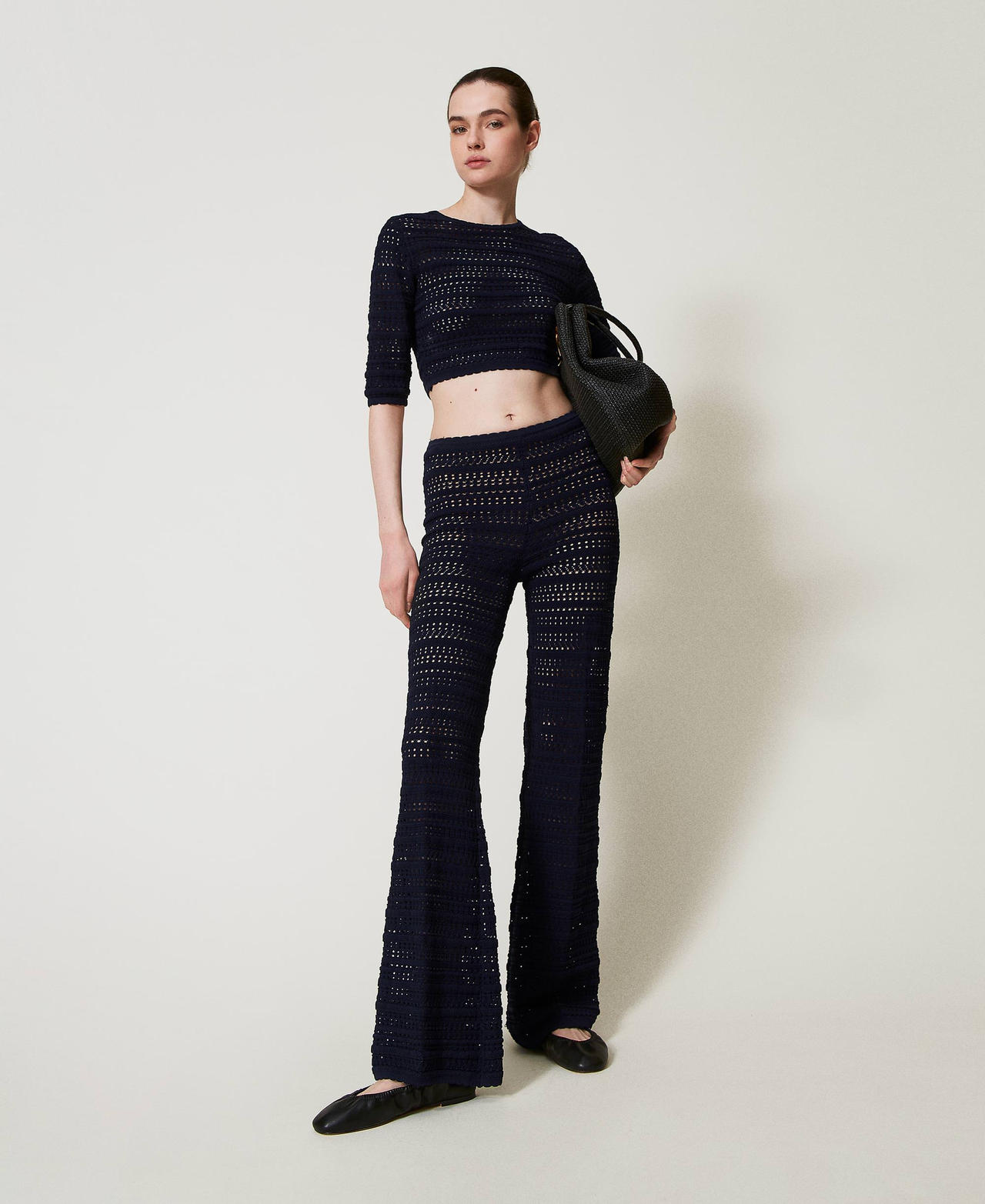 Twinset Pantalons - Pantalon en maille ajourée, Blue Night, Taille: L