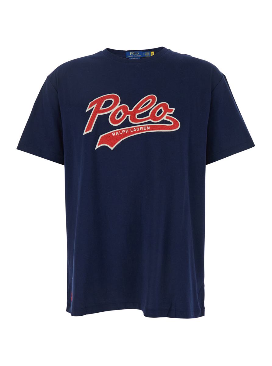 Blue Crewneck T-Shirt With Logo Print On The Front In Cotton Man