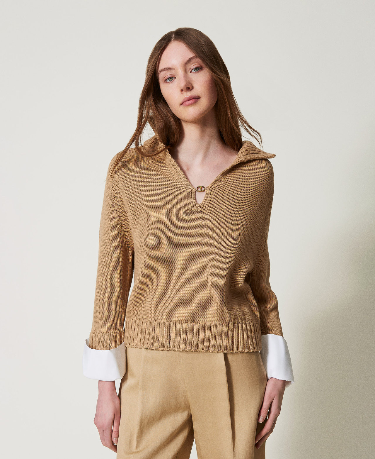 Twinset Pulls - Pull en coton et popeline, Bicolore Beige « Rope »/Blanc Optique, Taille: L