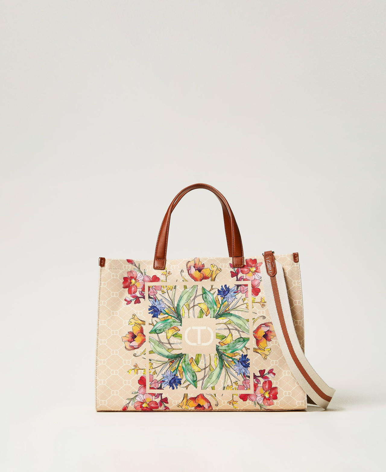 Twinset Sacs - Cabas en toile avec imprimé floral, Imprimé Fleurs Delicate Beige, À fleurs, Taille Unique