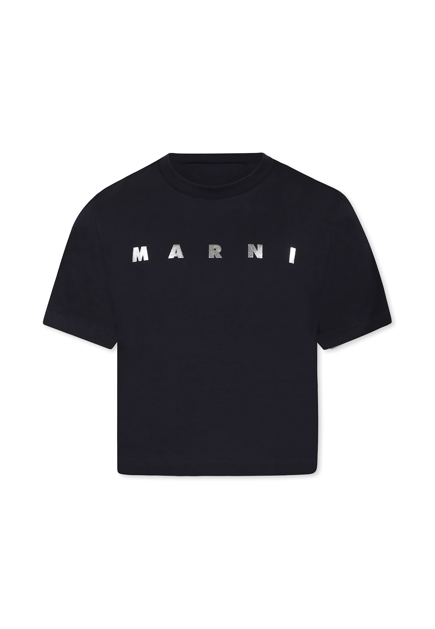 Marni Blue Crop T-shirt For Girl With Metallic Silver Logo