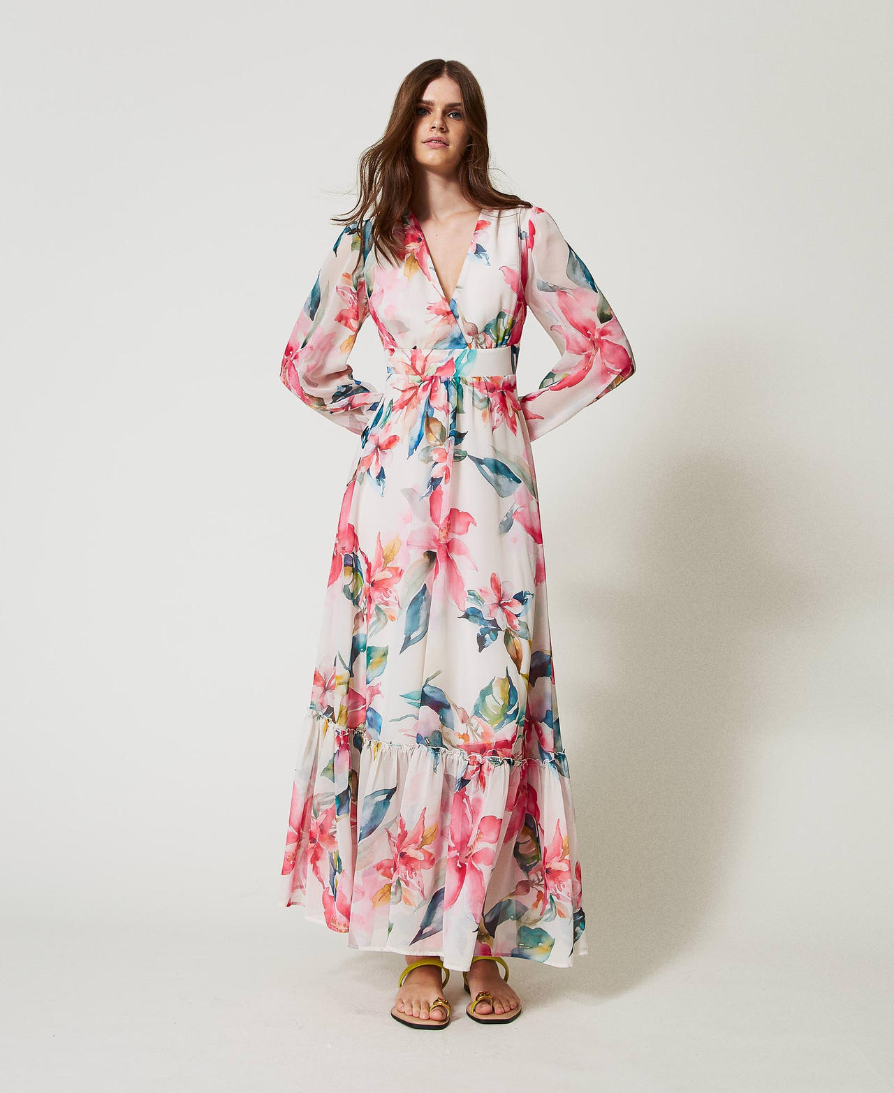 Twinset Plage - Robe longue en crêpe georgette imprimé floral, Imprimé Fleurs Nacre/Multicolore, À fleurs, Taille: L