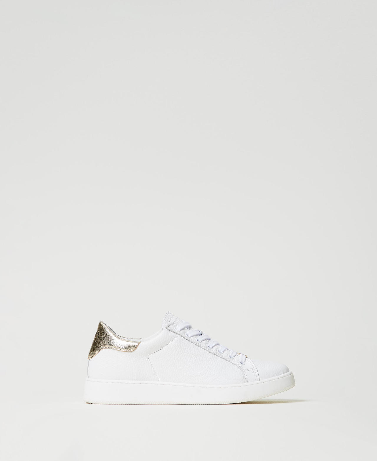Twinset Chaussures - Baskets en cuir avec détail lamé, Bicolore Blanc Optique/Or, Taille: 35