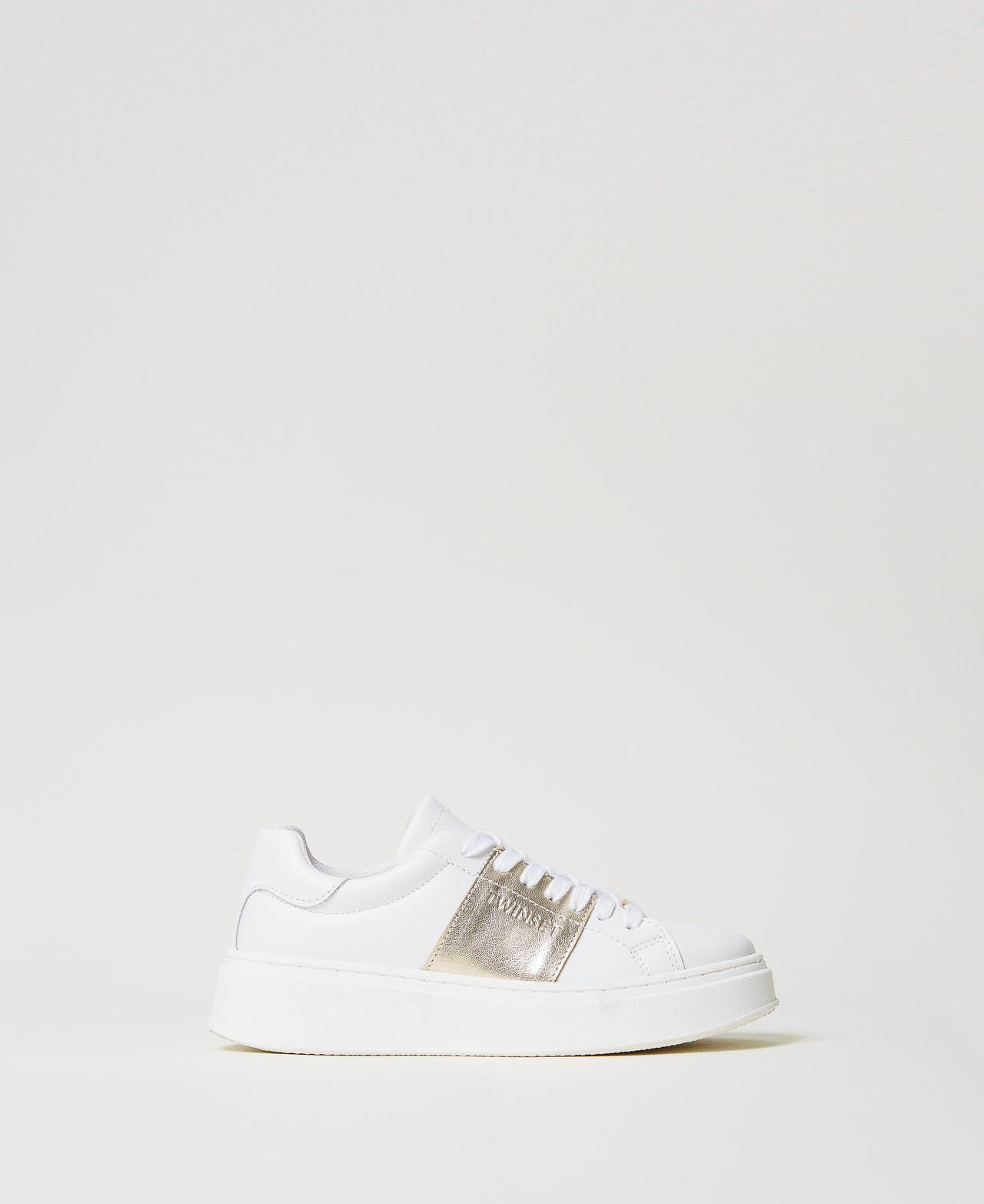 Twinset Chaussures - Baskets en cuir avec bande lamée, Bicolore Blanc Optique/Platine, Taille: 29