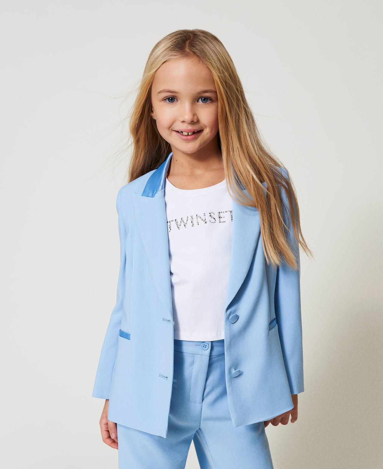 Twinset Blousons et manteaux - Blazer en crêpe et satin, Bleu « Paper Blue », Taille: 10A