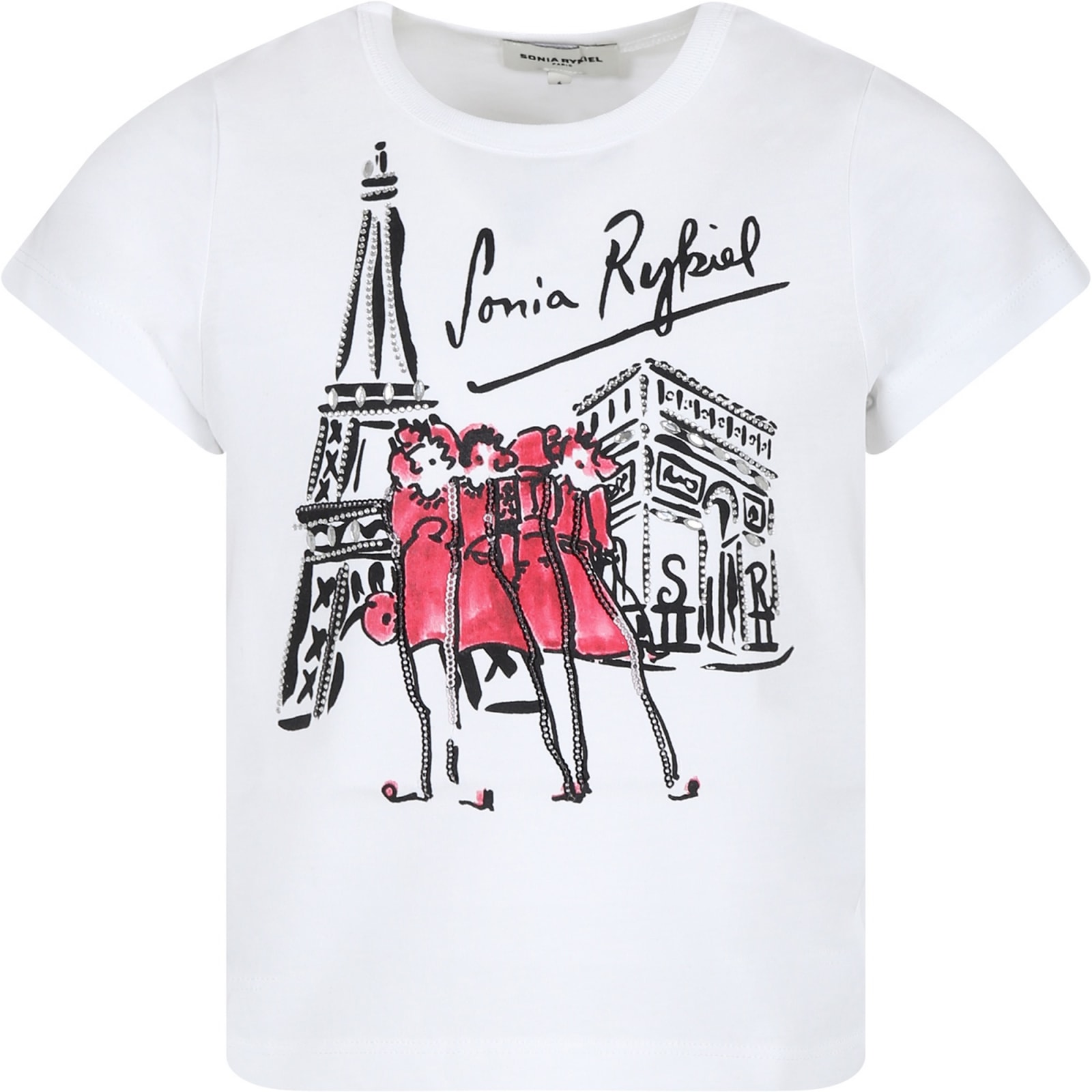 Rykiel Enfant White T-shirt For Girl With Tour Eiffel Print And Rhinestones