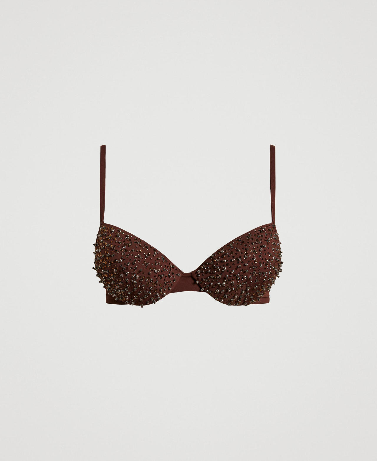 Twinset Plage - Haut de maillot de bain push-up avec broderie, Brown Stone, Strass, Taille: 2-B