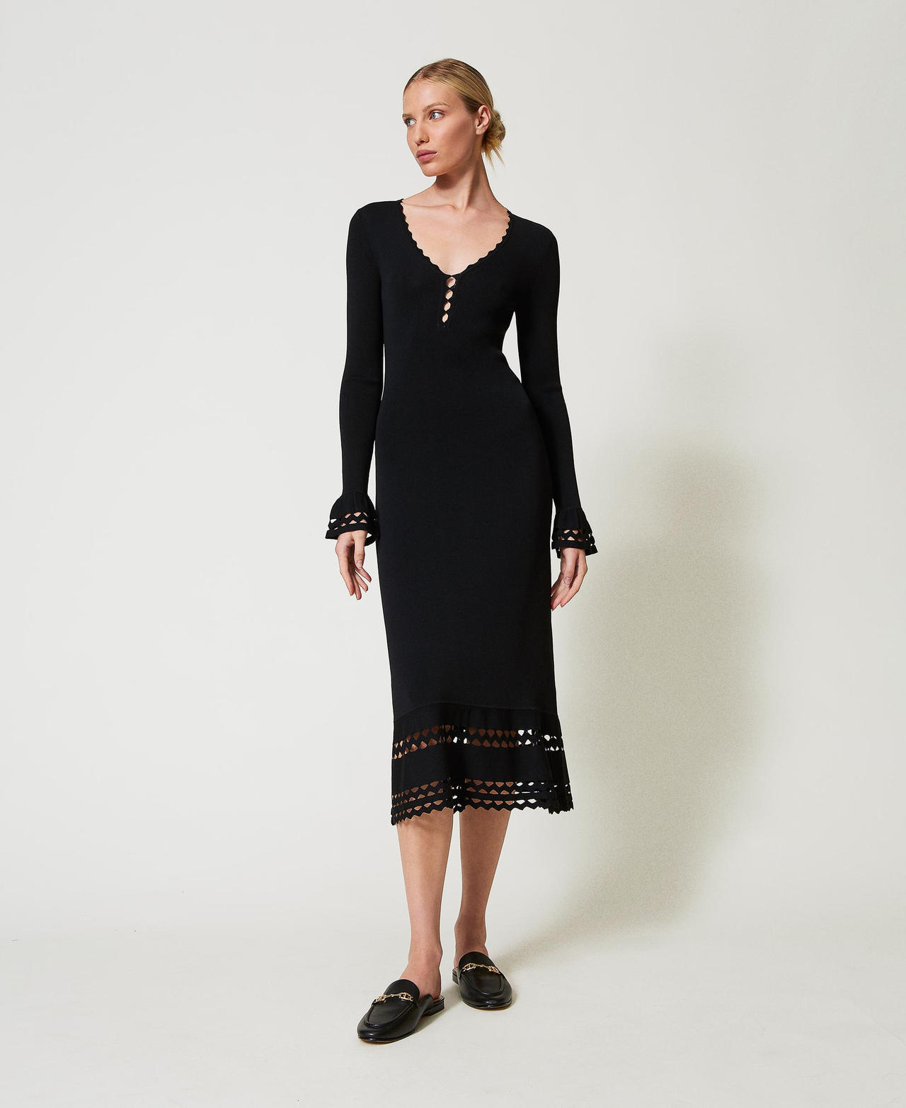 Twinset Robes - Robe midi en maille avec motif géométrique, Noir, Taille: XS