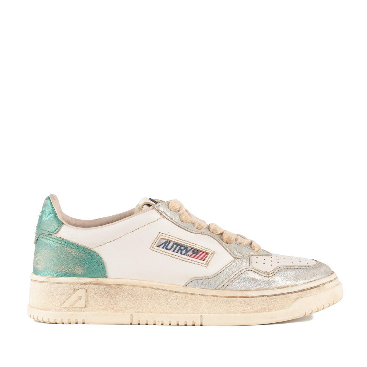 Autry Medalist Low Super Vintage Sneakers In Brushed Leather Color Silver And Aqua