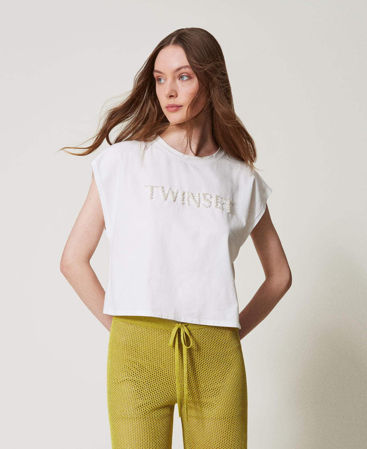 Twinset T-shirts - T-shirt avec broderie siglée de perles, Blanc Sugar, Coton, Taille: L