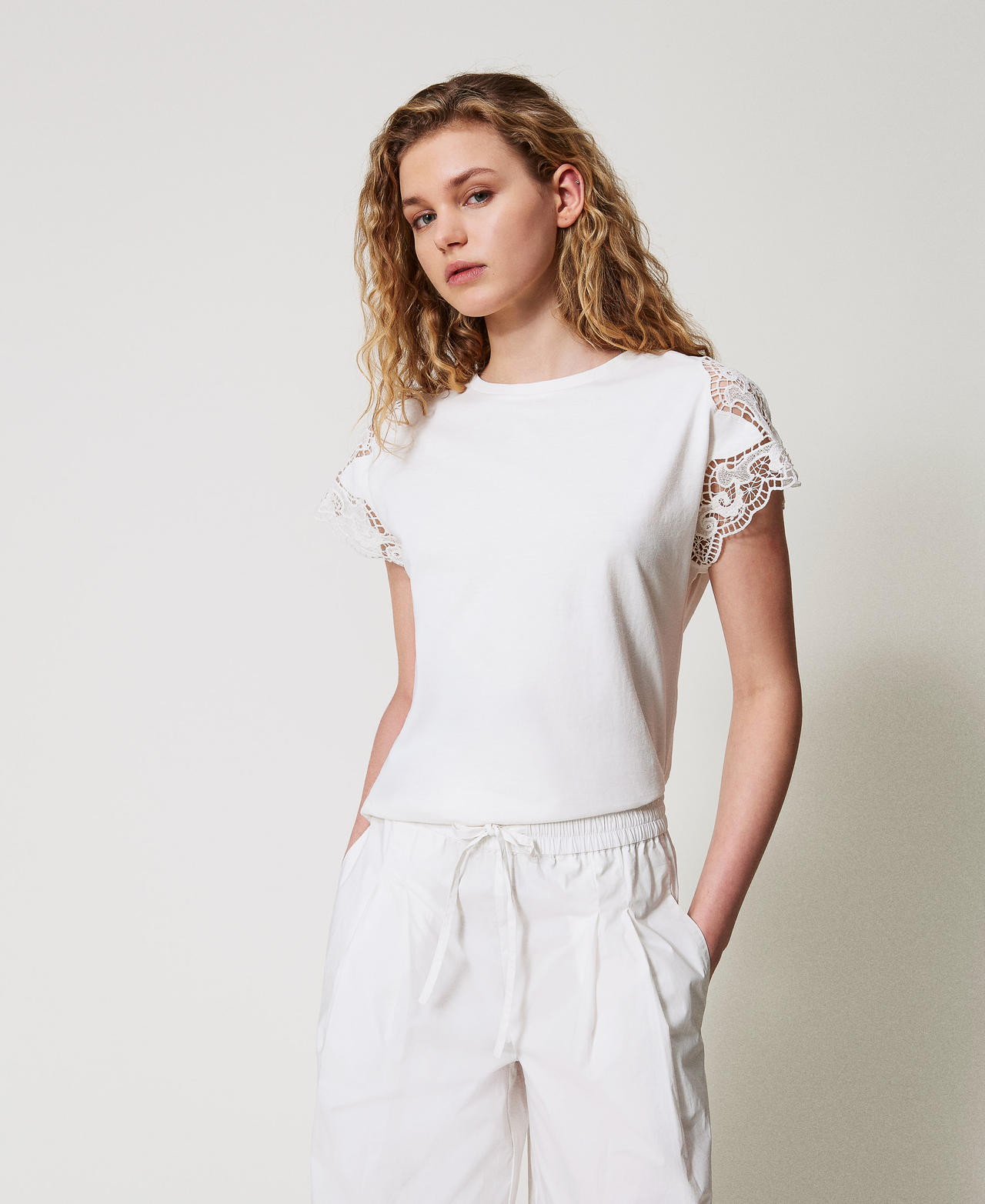 Twinset T-shirts - T-shirt regular avec dentelle, Blanc, Taille: L