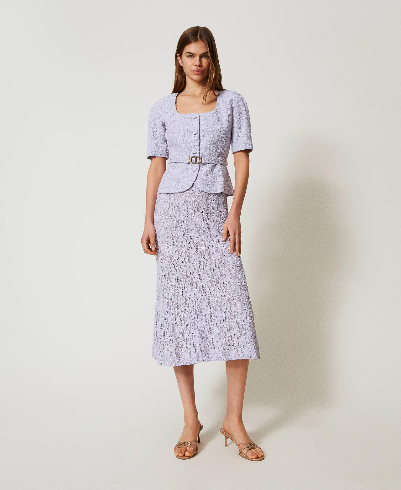 Twinset Jupes - Jupe mi-longue en dentelle florale, Fleurs de lilas, Taille: 38