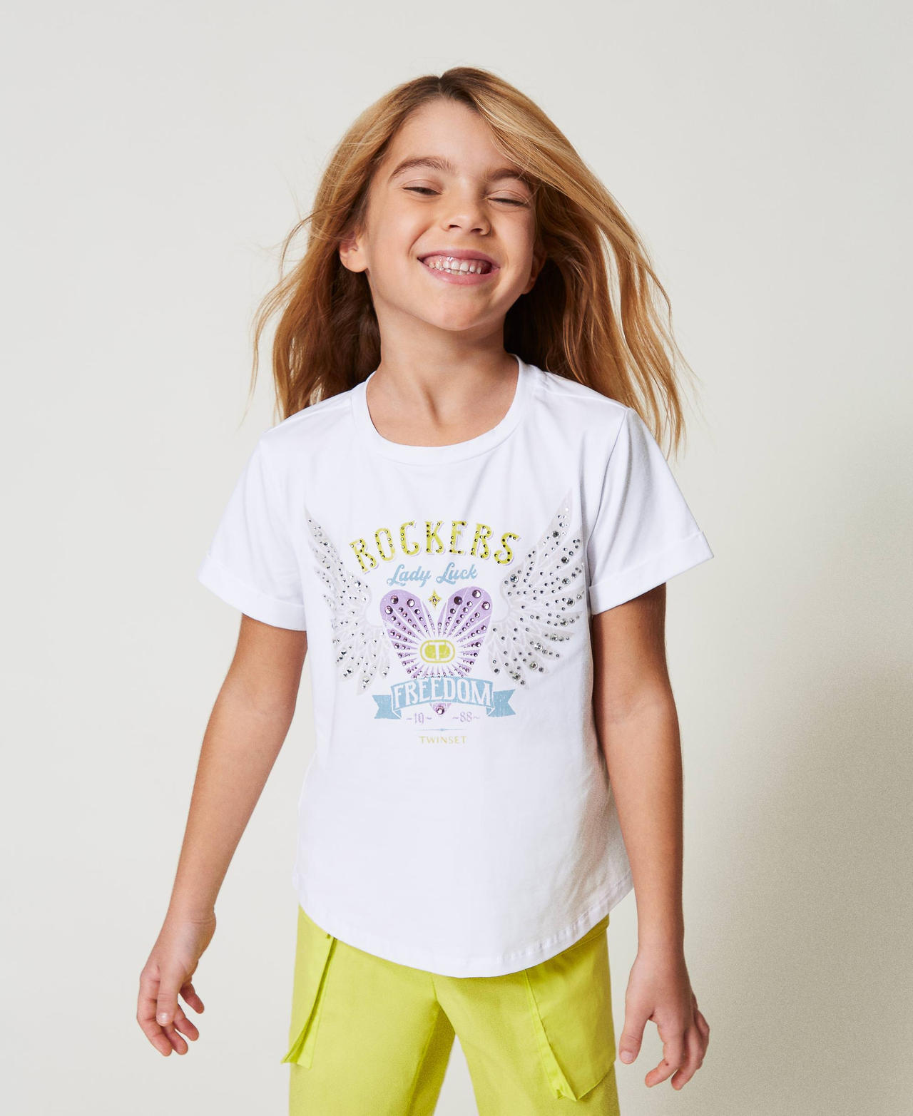 Twinset T-shirts - T-shirt avec imprimé et strass, Blanc "Ice", Coton, Taille: 14A