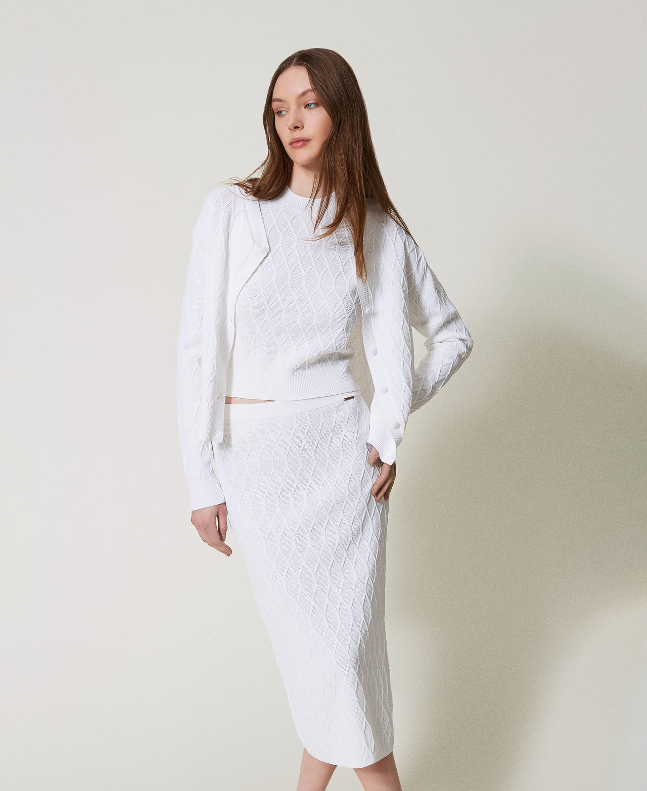 Twinset Cardigans - Cardigan en maille avec losanges, White Cloud, Taille: L